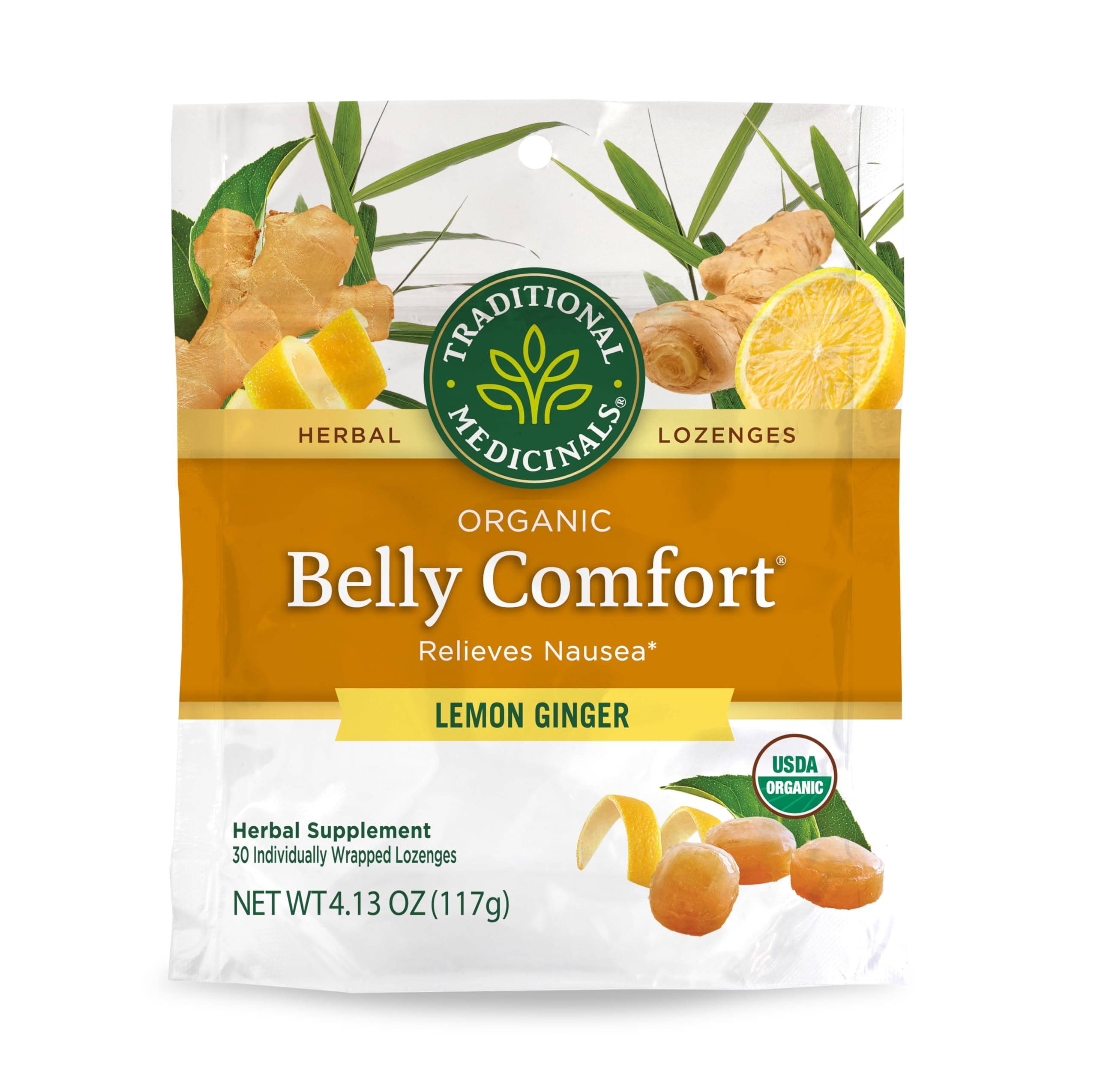 Organic Belly Comfort Lemon Ginger Lozenges - Nausea Relief - 30 Count (Pack of 1)