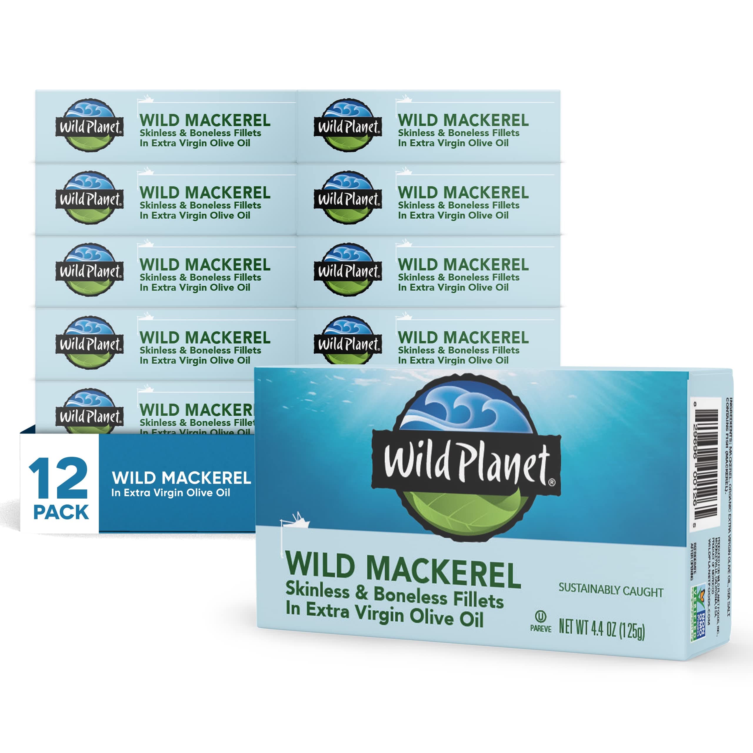 Wild Mackerel Fillets in Organic Extra Virgin Olive Oil, Skinless & Boneless, Tinned Fish, 4.4 Ounce ( Pack of 12)