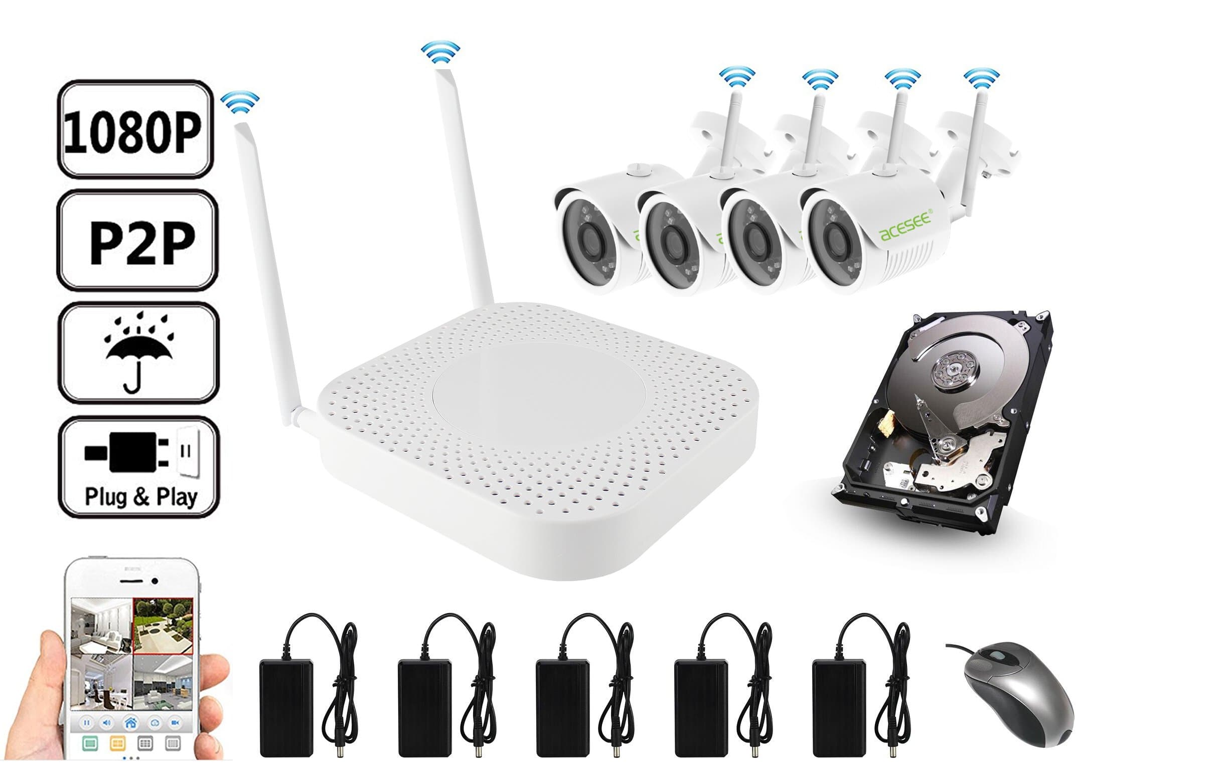 Acesee 1080P HD 4CH IP Cameras WIFI NVR Kit Home Security Camera System Wireless Set Surveillance Camera Kit Recorder Video CCTV With 1TB HDD Pre install Night Vision Plug and Play AUTOPAIR 410HYW