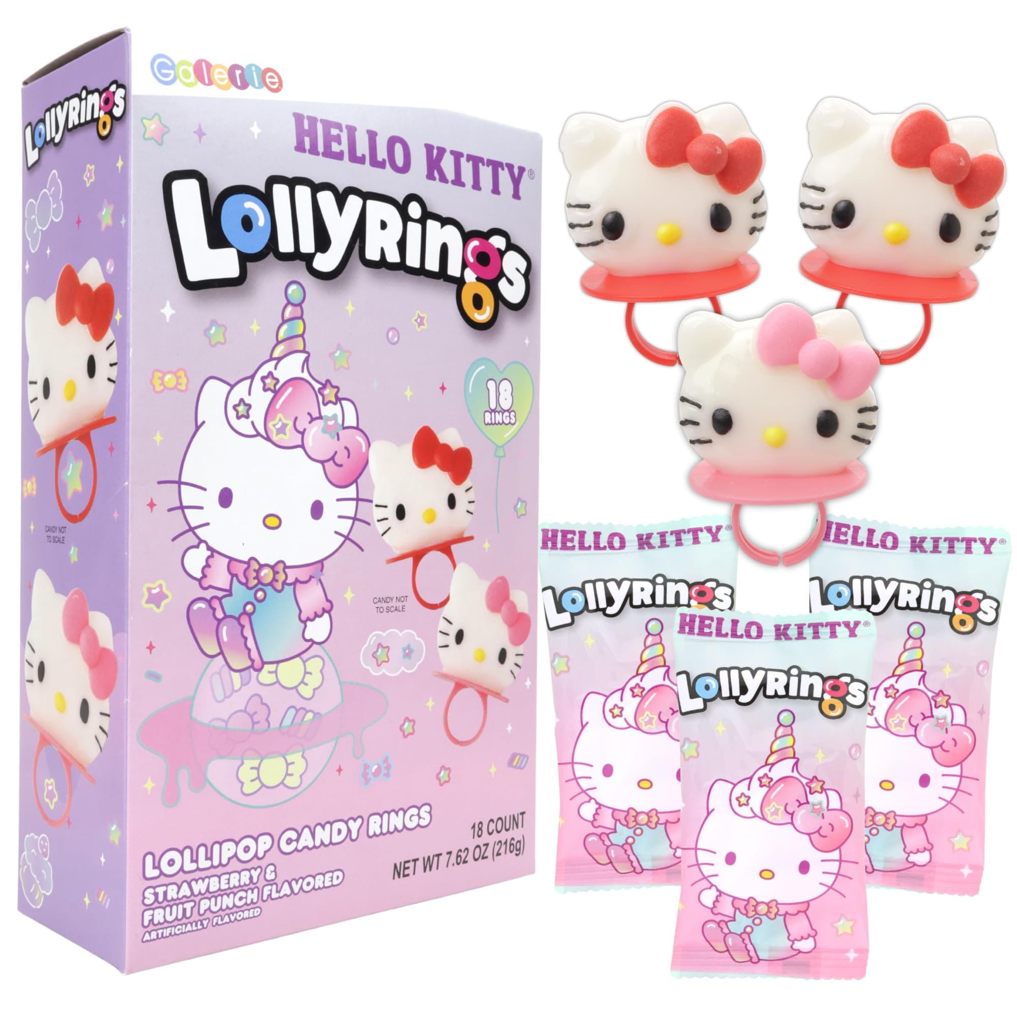 Hello Kitty Lollipop Rings, Strawberry and Fruit Punch Flavored, Individually Wrapped Candy Basket Fillers Box of 18