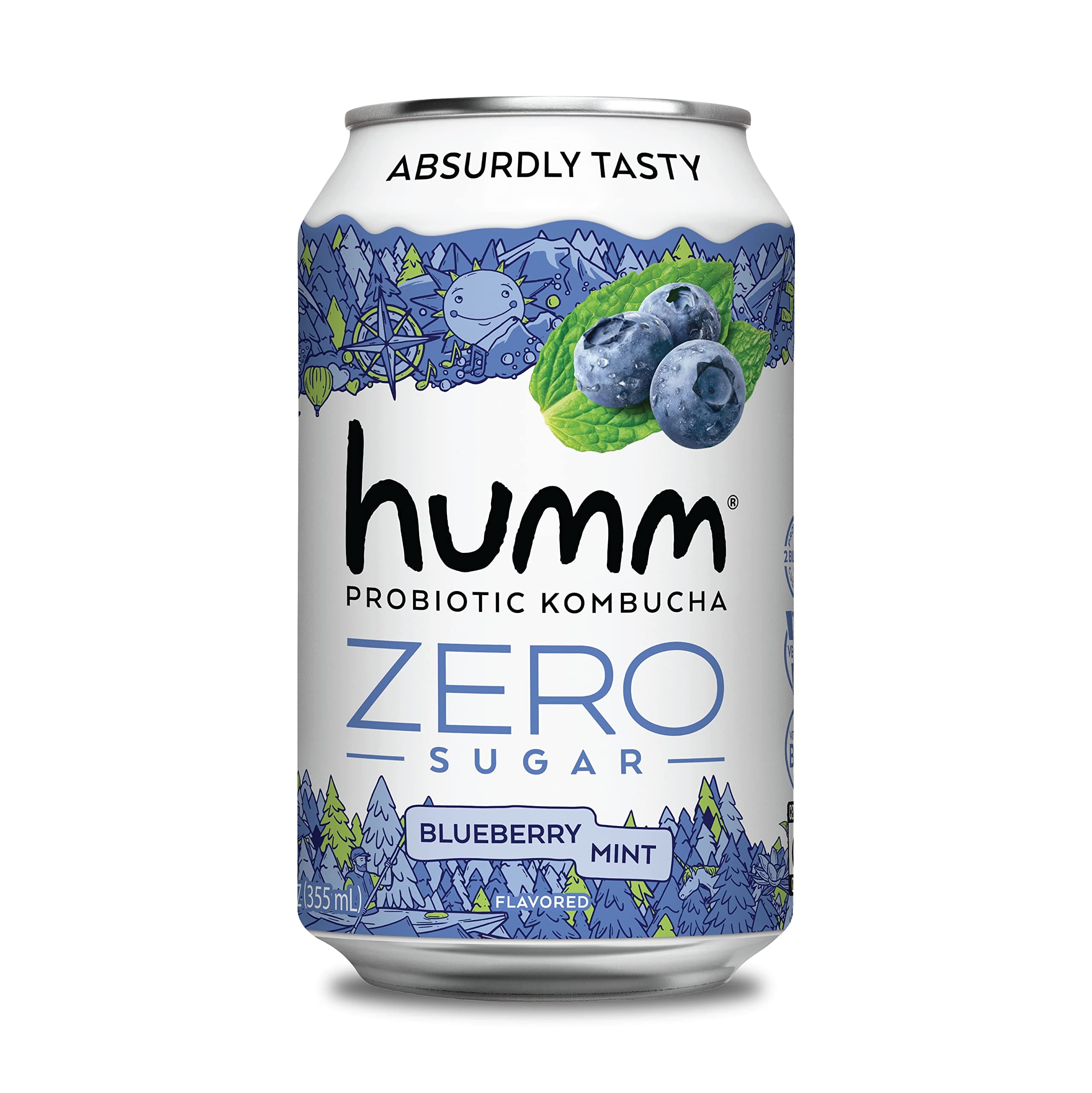 Humm Probiotic Kombucha Zero Sugar Blueberry Mint - No Refrigeration Needed, Keto-Friendly, Organic, Vegan, Gluten-Free - 12oz Cans (16 Pack)