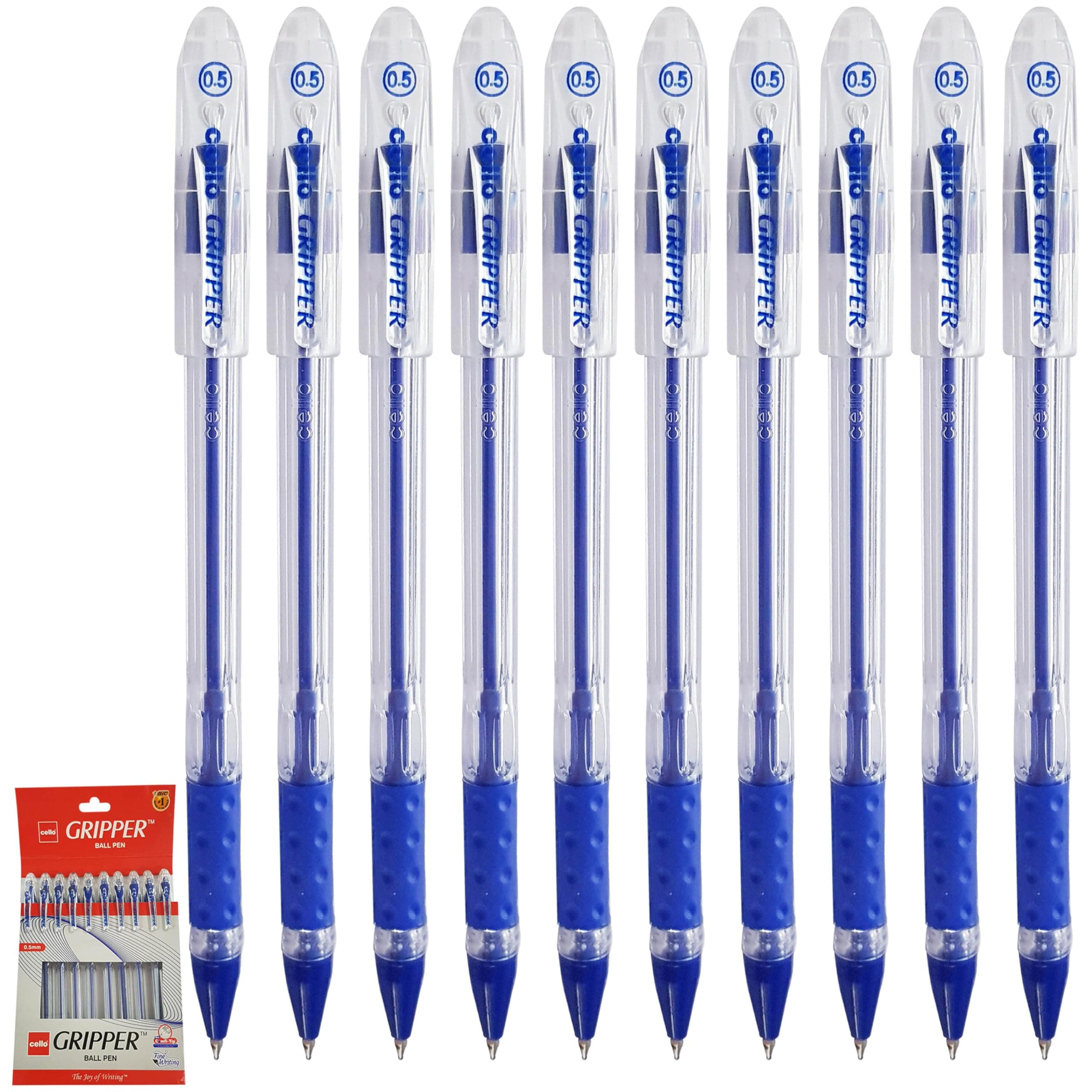Gripper Ballpoint Pens, BLUE, Fine Point (0.5mm), Pack of 10, Comfort Soft Grip, Smooth Fine Writing, Perfect for School Office Home Use