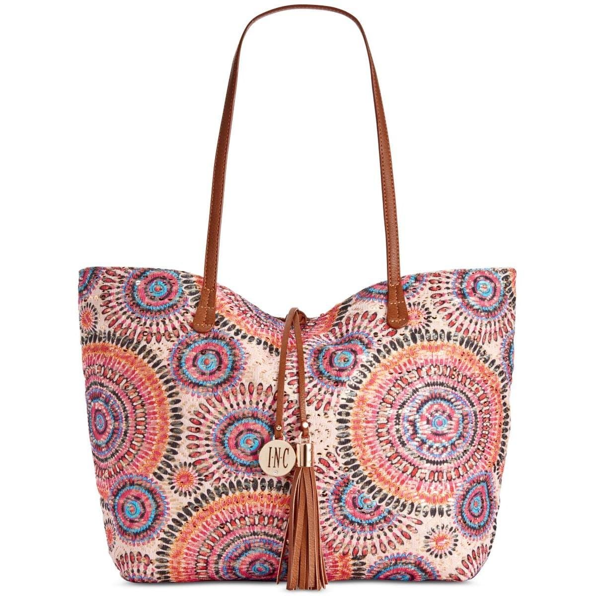 INC Womens Kyli Printed Sequined Tote Handbag Pink Large