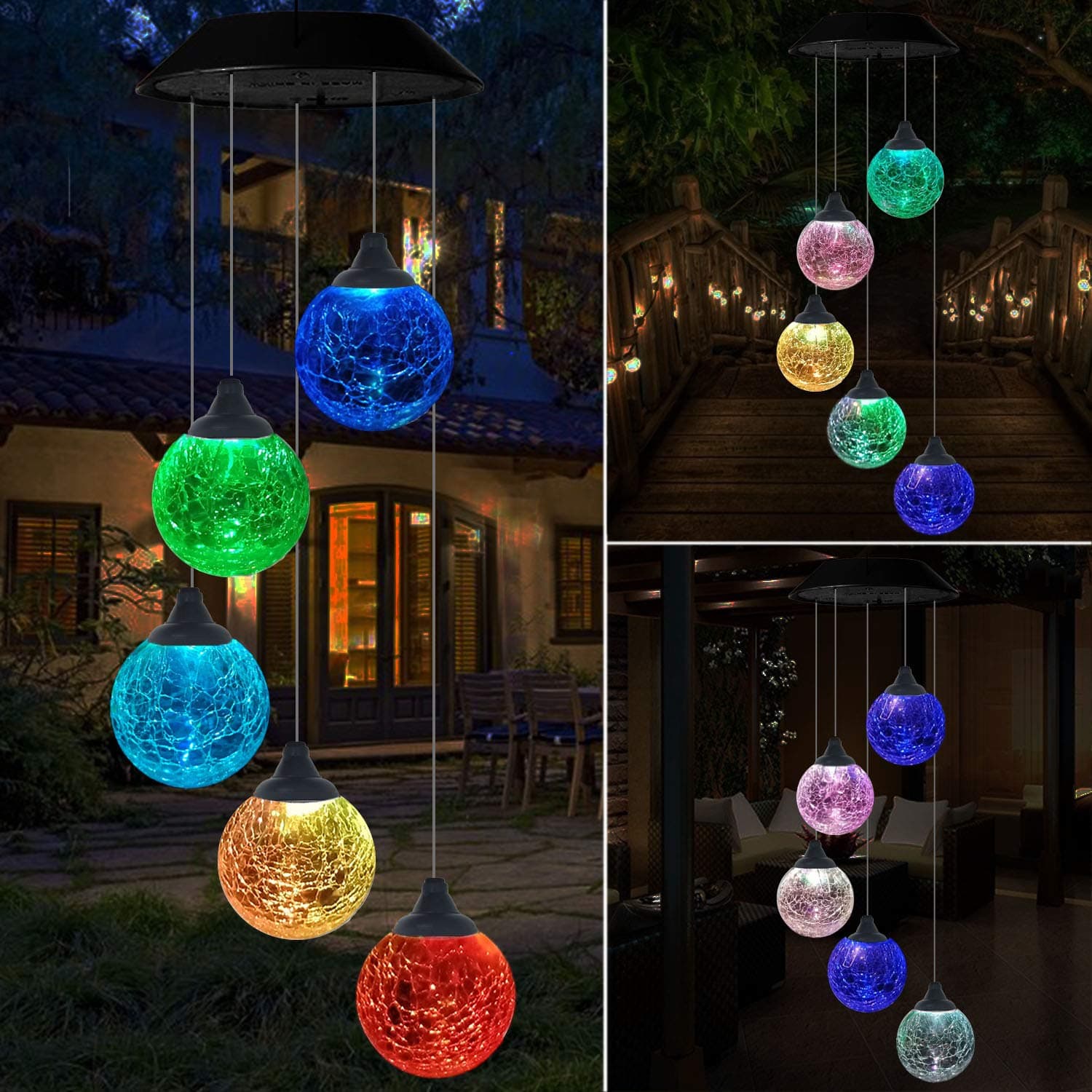 Solar Globe Wind Chime Outdoor, Cracked Glass 5 Balls Color Changing Wind Mobile Waterproof Outdoor Decorative Romantic Wind Bell Light Hanging Lamp for Patio Yard Garden Home