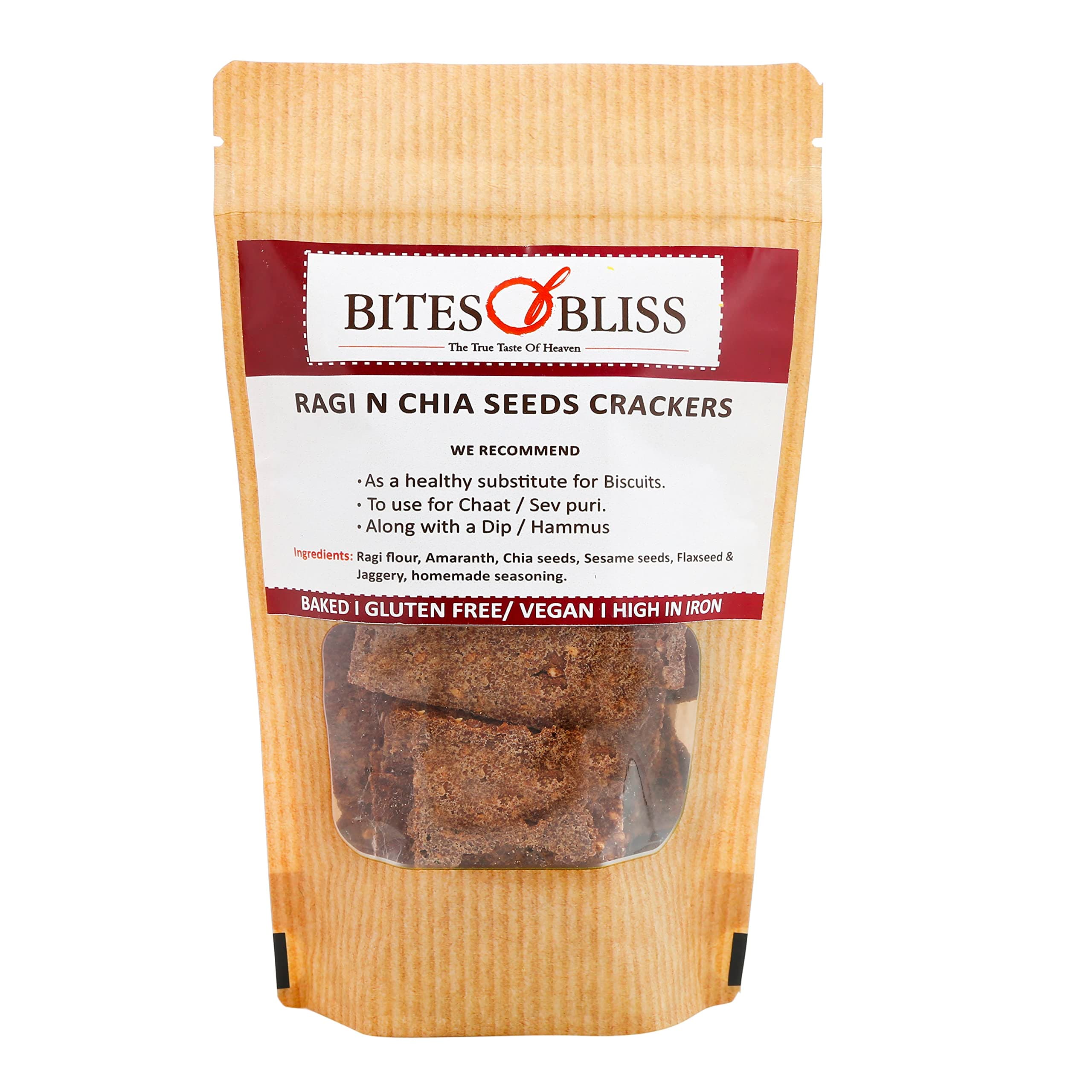 Bites of Bliss Ragi N Chia Seeds Crackers | No Added Sugar | Diabetic Friendly | 100% Baked | Protein Rich | Crunchy & Tasty Gourmet Snacks | Chip Substitute | 125g