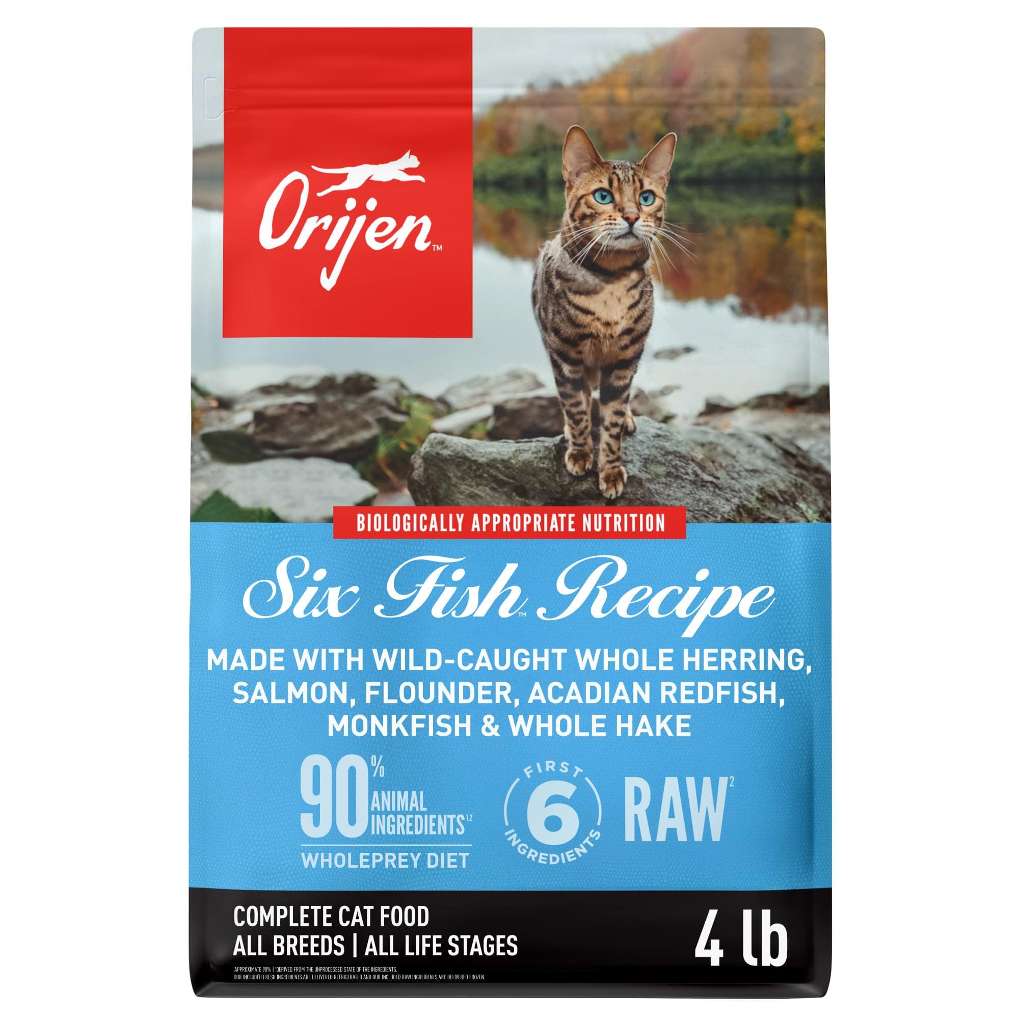 Dry Cat Food, Grain Free, Premium, High Protein, Fresh & Raw Animal Ingredients, Six Fish, 4lb