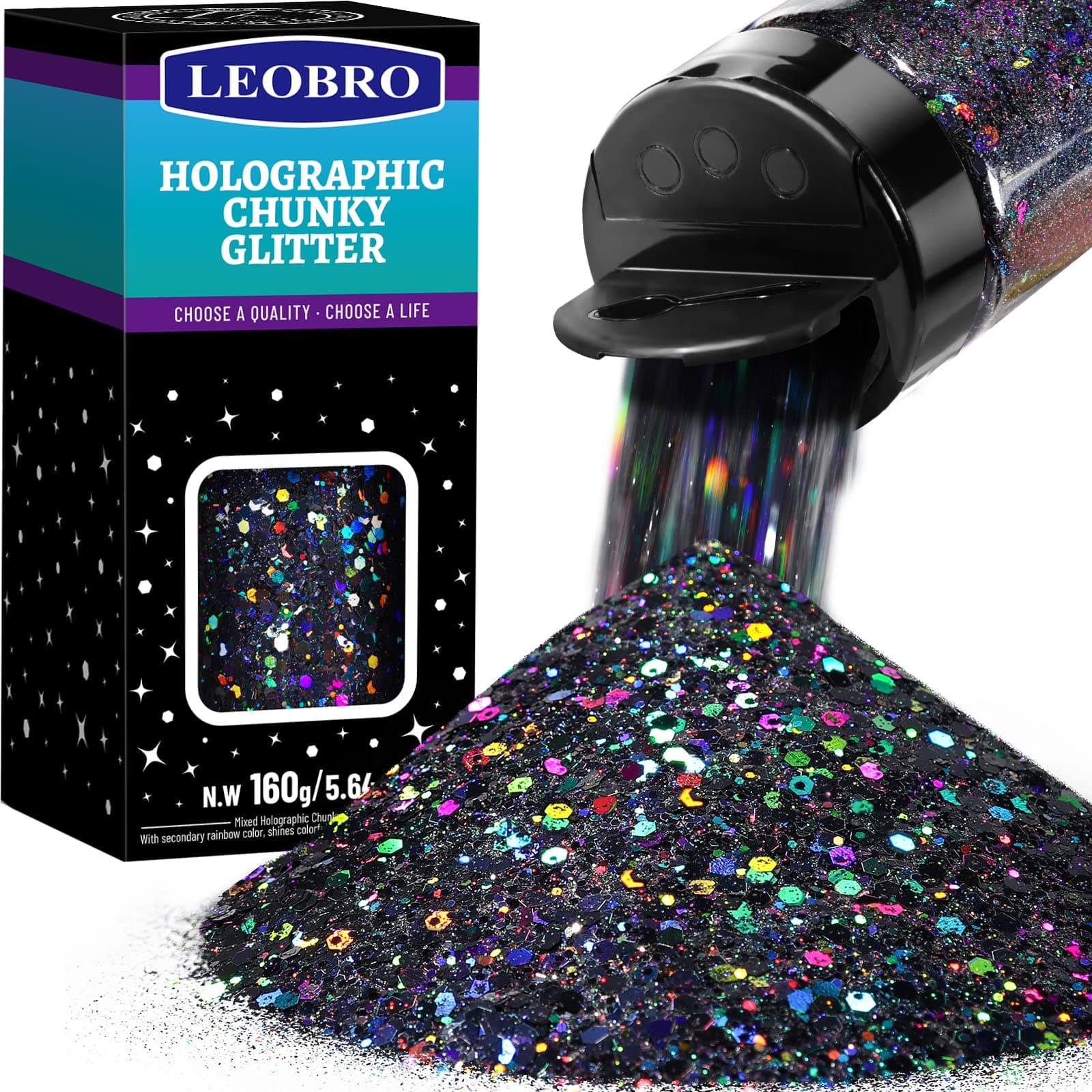LEOBRO Black Glitter, 160g/5.64oz Holographic Chunky Glitter for Crafts, Resin, Body Nail, DIY Decorations, Holographic Black