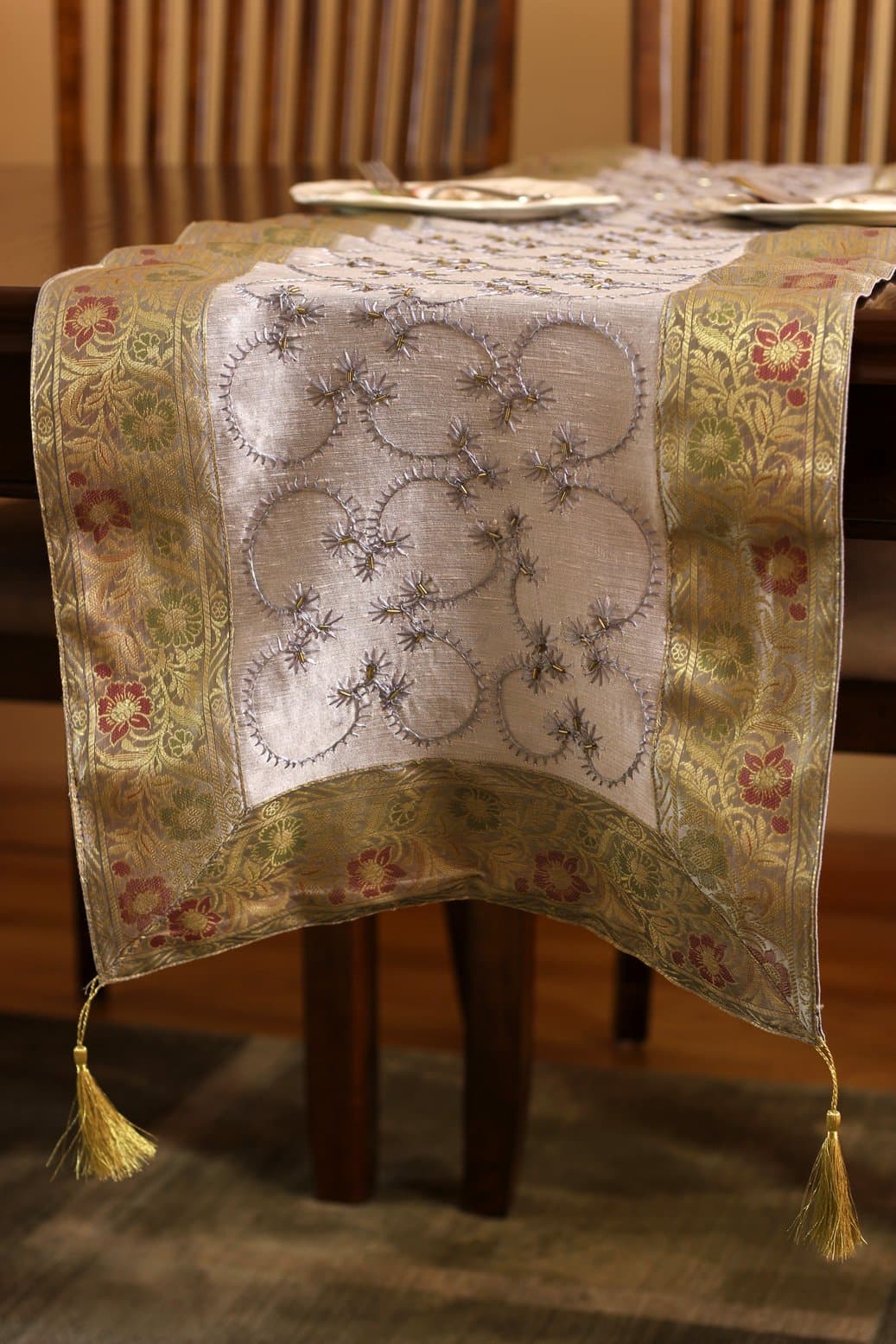 Banarsi Designs Hand Embroidered Table Runner (Silver, 120" X 17")
