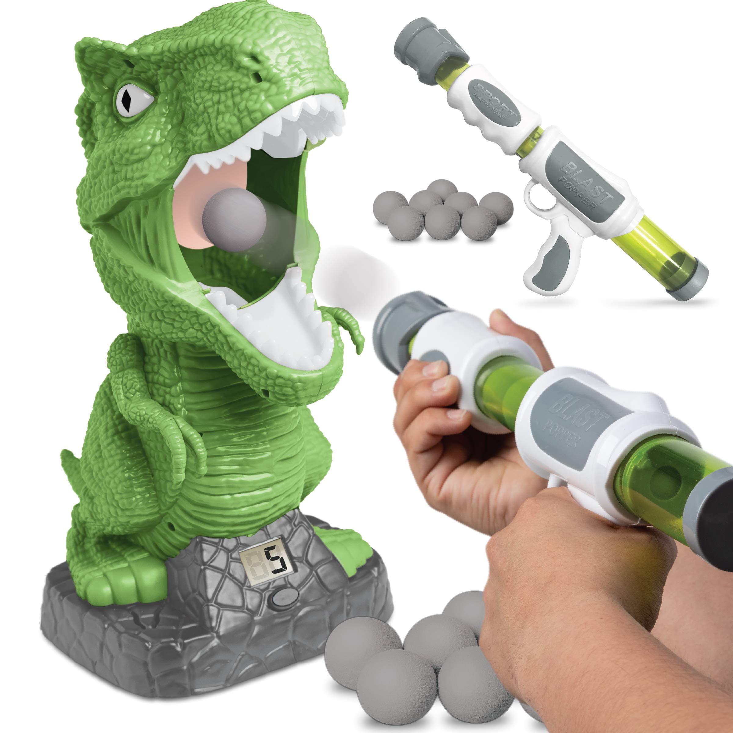 Discovery Hungry T-Rex Feeding Game, Carnival Style Shooting Target Competition for Kids, 8 Indoor Safe Foam Balls with Air Launcher, Electronic LCD Screen with Lever Tongue, Great for Ages 6 & Up
