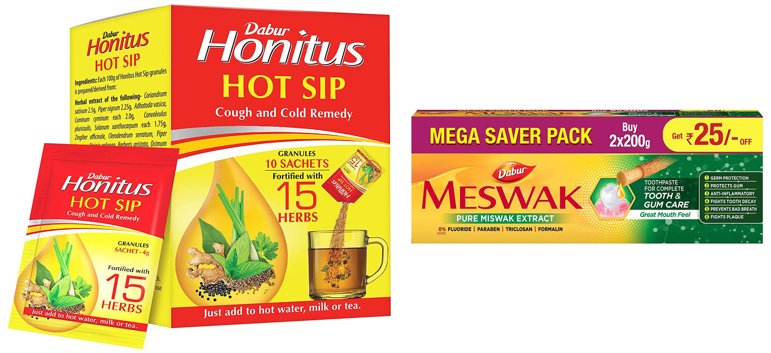 Dabur Honitus Hot Sip Ayurvedic Kadha 4g Pack of 30 Sachets Cough & Cold Relief & Dabur Meswak Complete Oral Care Toothpaste 400g Pack of 2 Tooth Decay, Cavity, Gum Protection