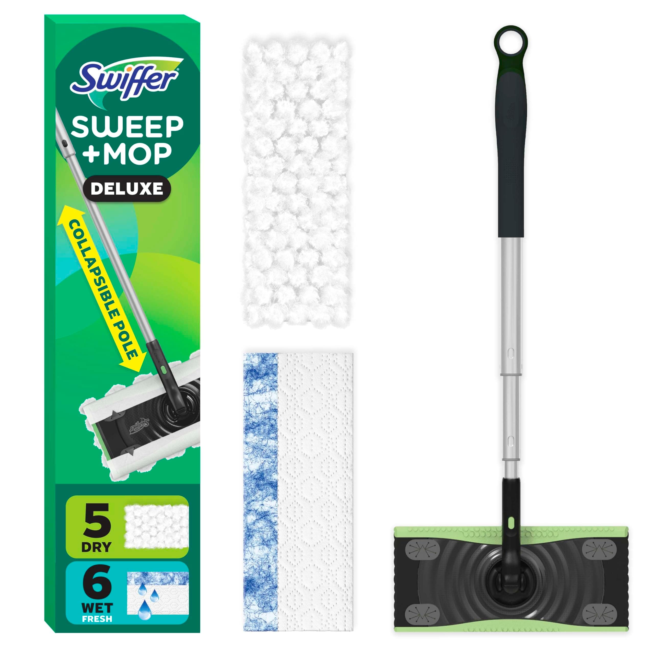 Swiffer Sweep and Mop Deluxe, 2-in-1 Floor Mop & Sweep Kit, 1 Device, 5 Sweep Refills, 12 Mop Refills