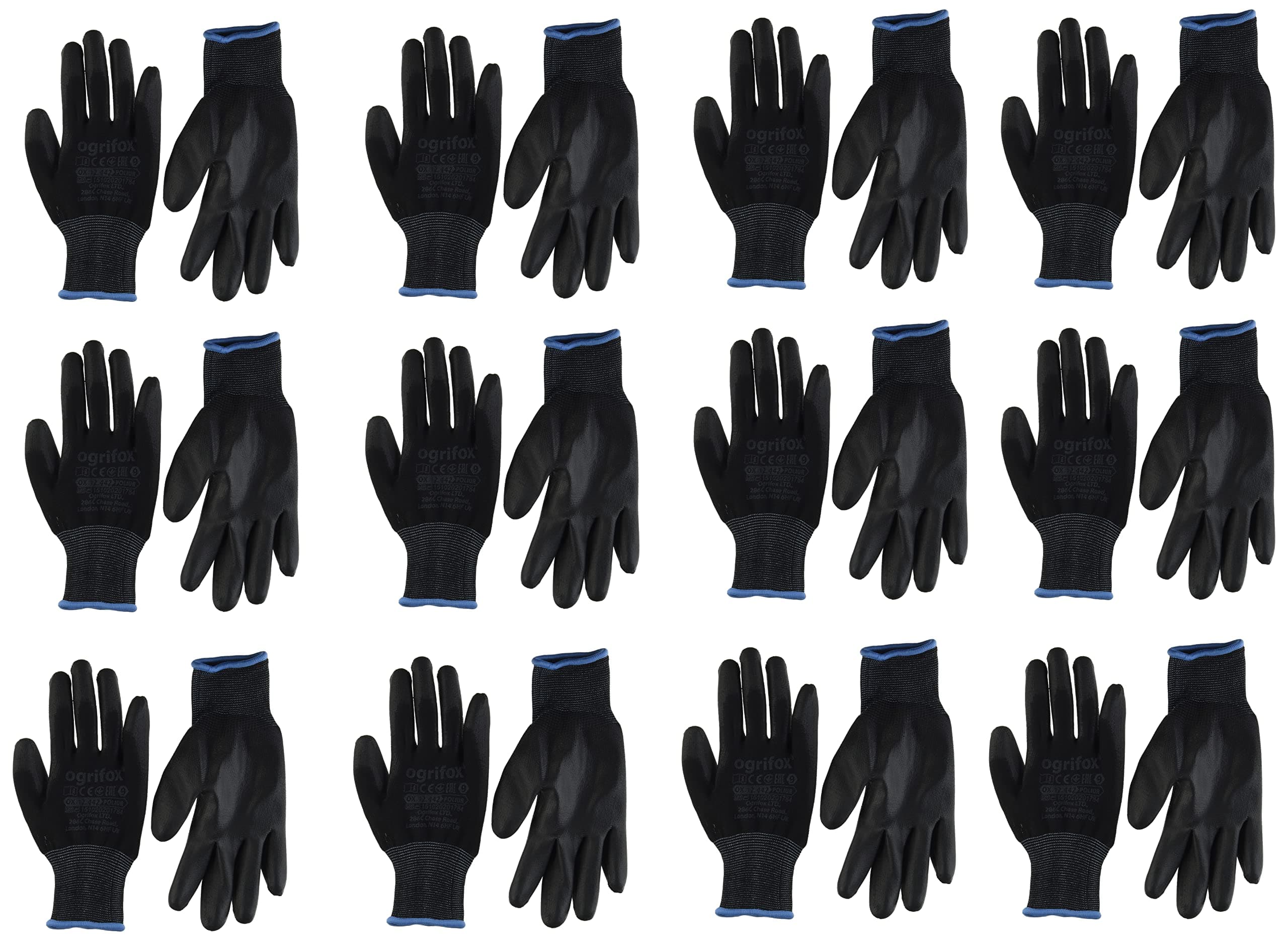 12,24 Pairs PU Coated Black Nylon Work Gloves. Gardening, Builders, Mechanic (12 Pairs- Size XL(10))