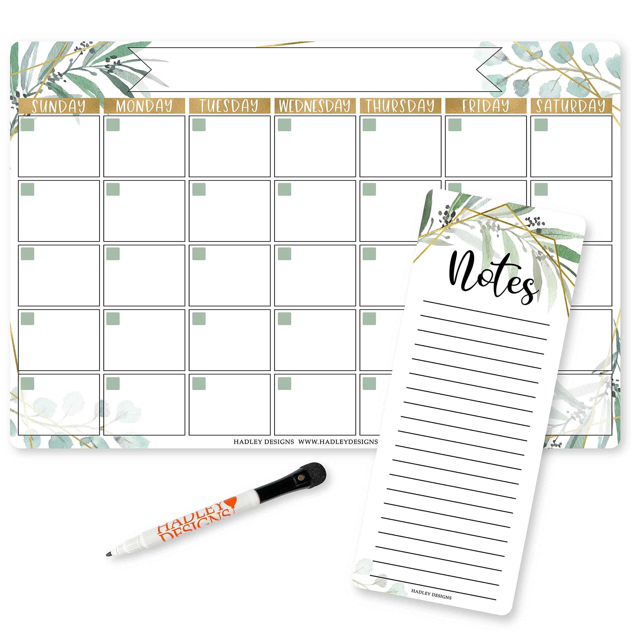 Hadley Designs Magnetic Dry Erase Calendar for Fridge, Greenery Magnetic Fridge Calendar for Refrigerator, White Board Calendar for Wall, Dry Erase Board Calendar, Magnetic Notepad
