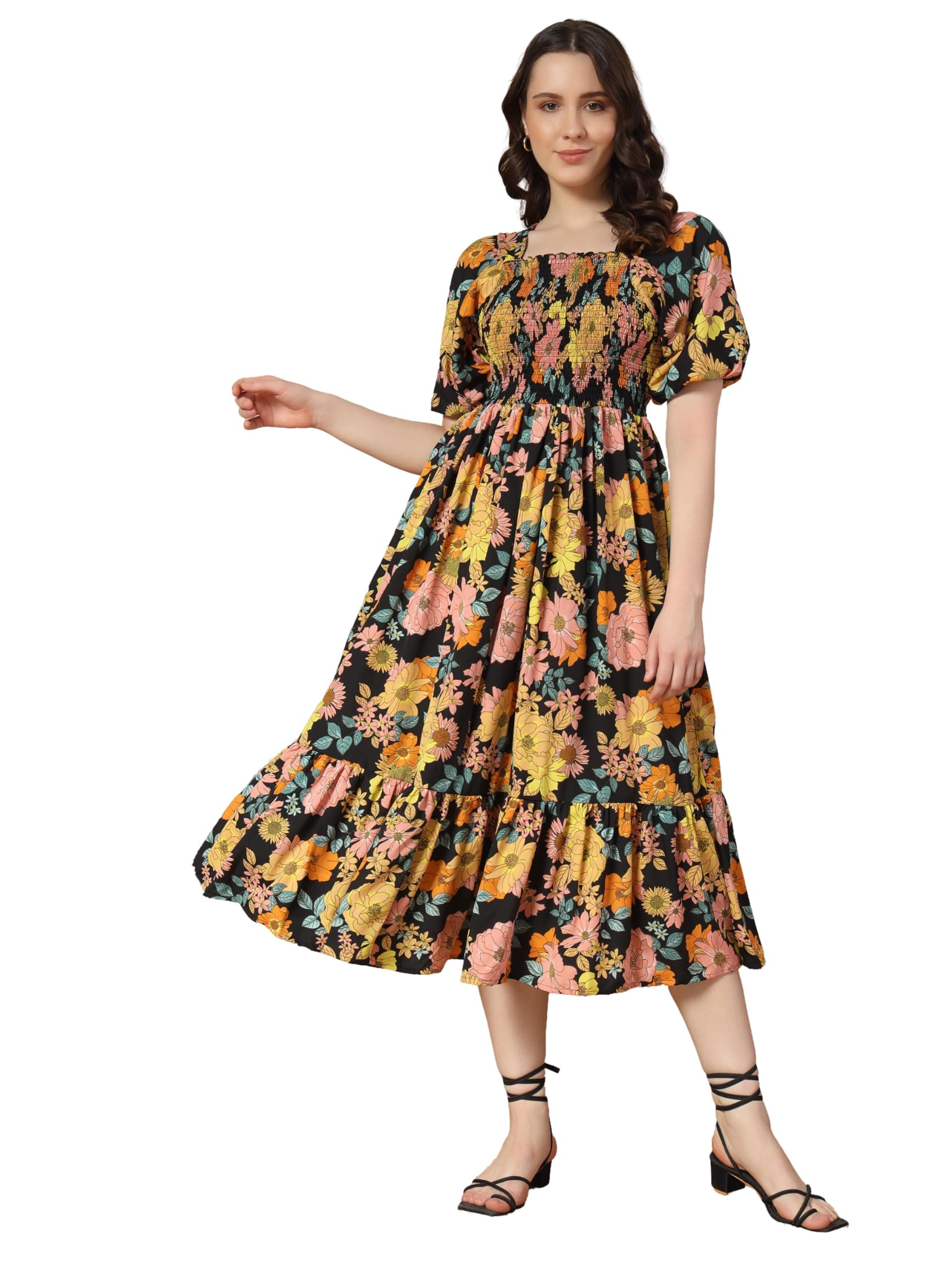 | Floral Print Midi Dress | Beautiful Floral Design | Ideal for Casual, Work Fit & Comfortable Elastic & Fabric | Suitable for Women's