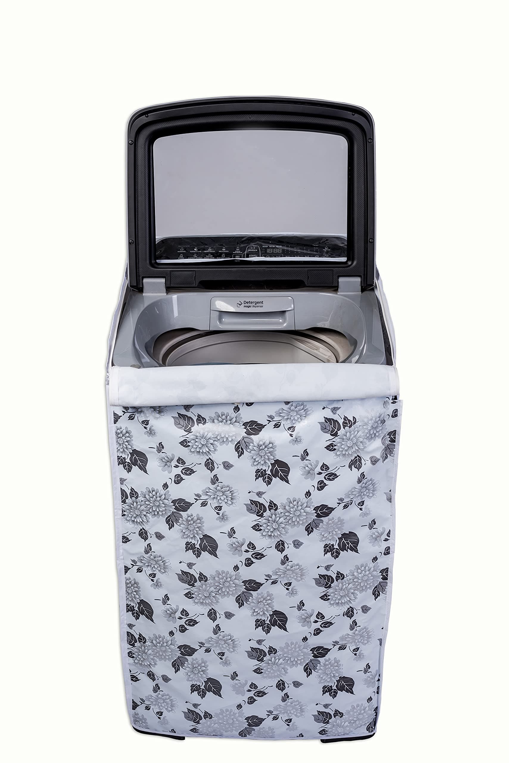 CLASSIC Polyvinyl Chloride (PVC) Top Load Washing Machine Cover Suitable For Samsung Back Panel 8.5 Kg, 9 Kg, 9.5 Kg, 10 Kg. (24.80 X 24.80 X 36.60 Inches, Half White & Grey, Large)