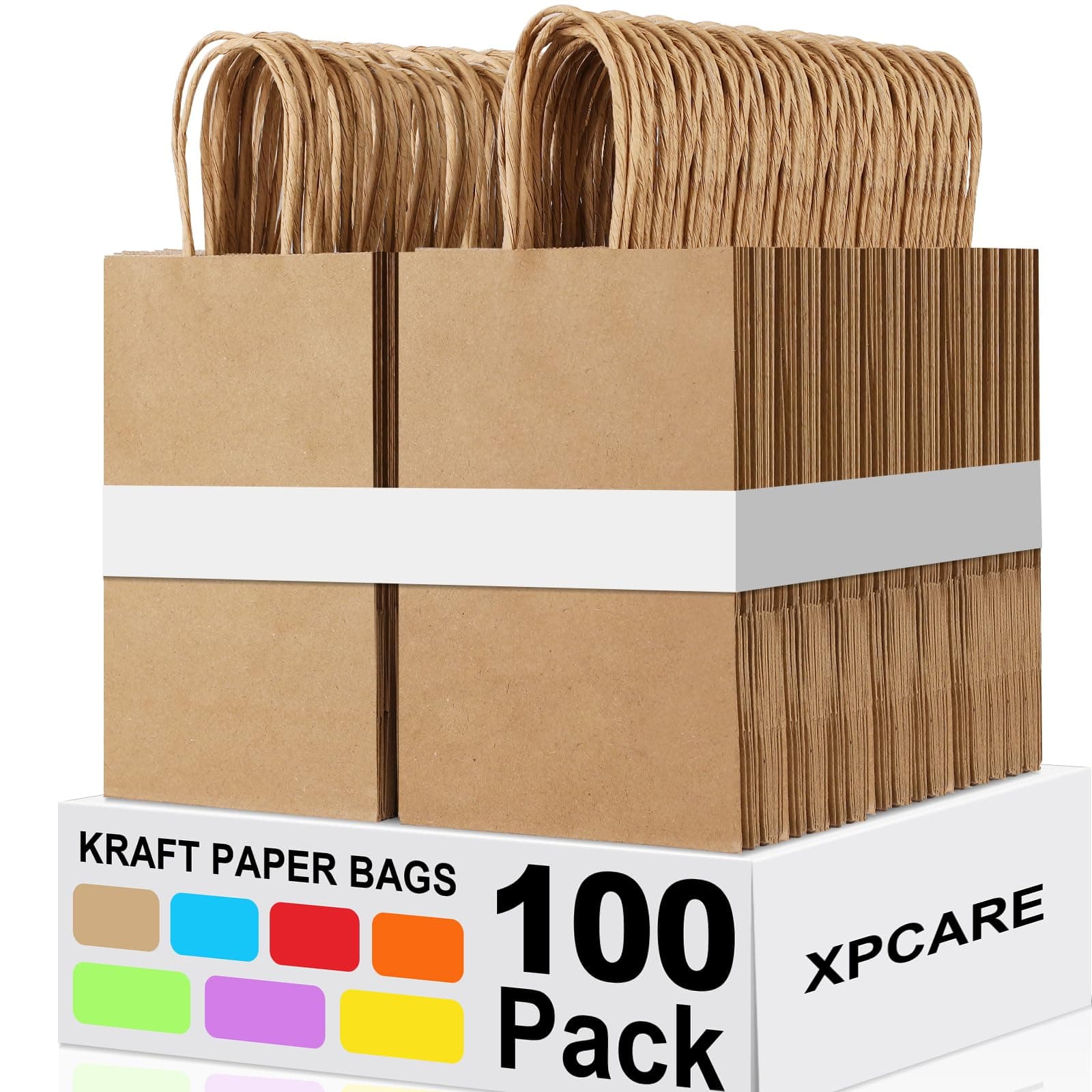 XPCARE 100Pcs Paper Gift Bags 5.25x3.25x8.25'', Small Paper Bag with Handles Bulk Shopping,Kraft,Retail,Party Bags for Small Business (Brown)