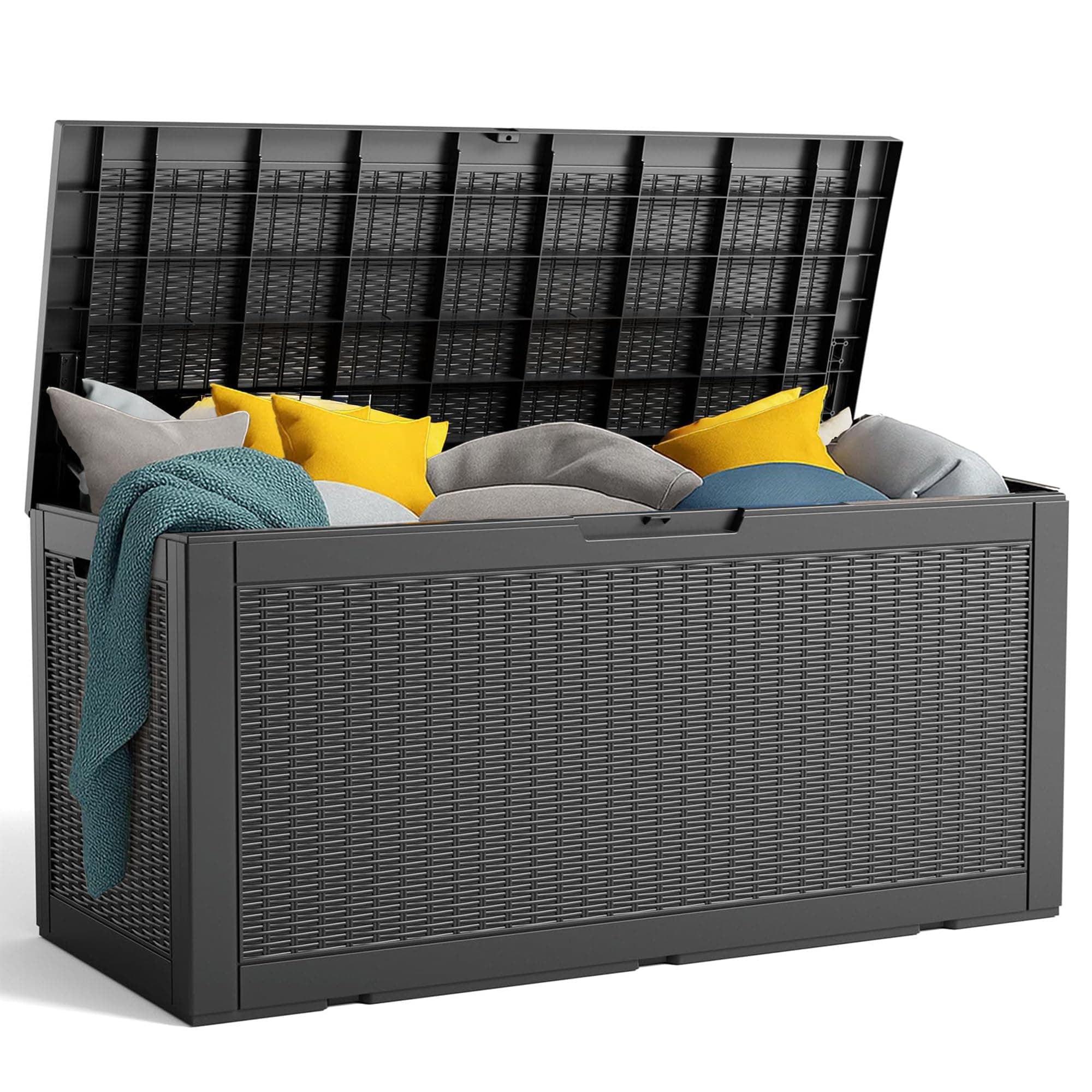 100 Gallon Resin Deck Box, Lockable Patio Outdoor Storage Box for Furniture, Garden Tools and Tools Storage, Waterproof Outside Storage Boxes - Black