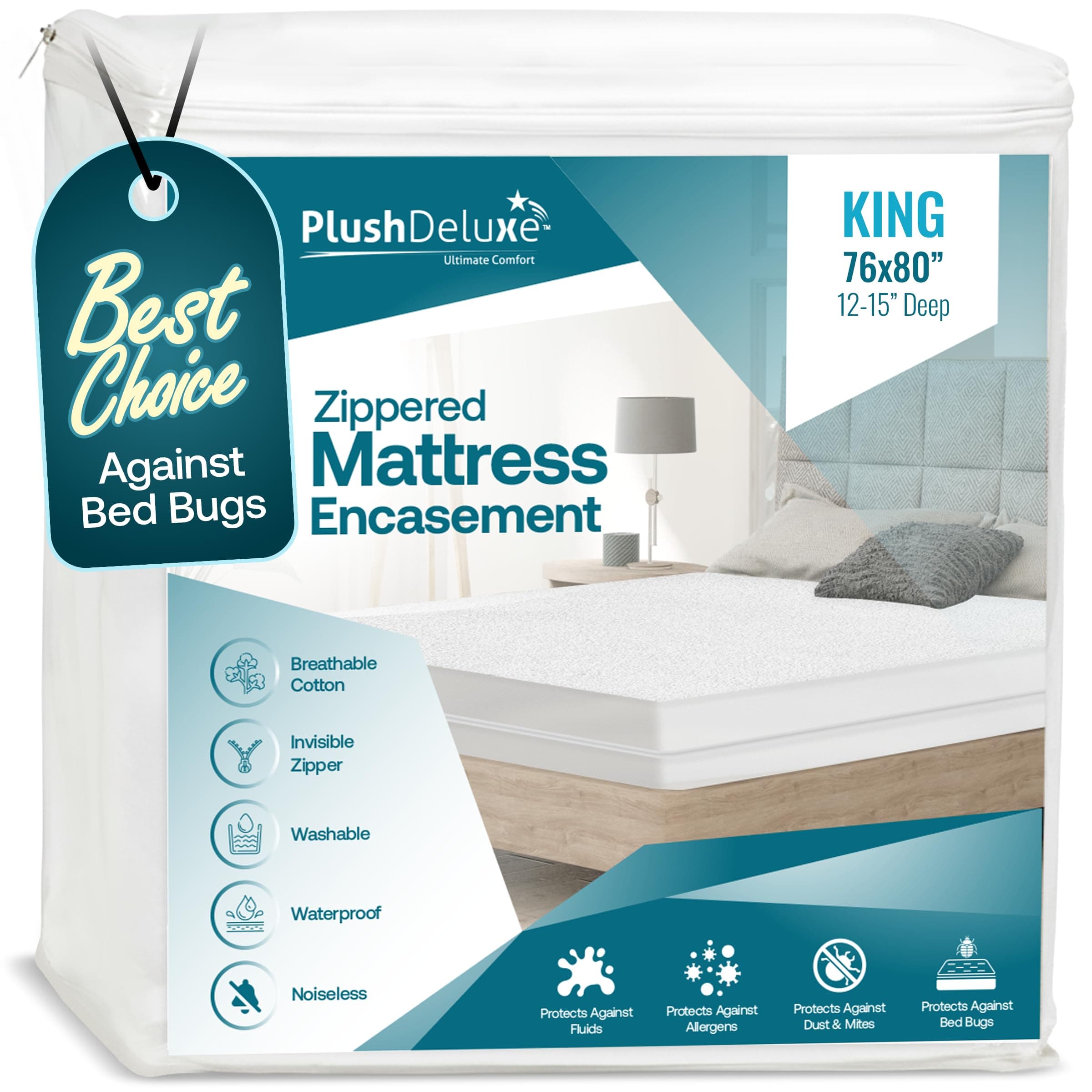 Premium Zippered Mattress Encasement, 100% Waterproof, Bed Bug/Dust Mite Proof And Hypoallergenic Cotton Terry Surface, 6 Sided Mattress Protector (Fits 12''-15'' H) KING SIZE, 10-Year Warranty