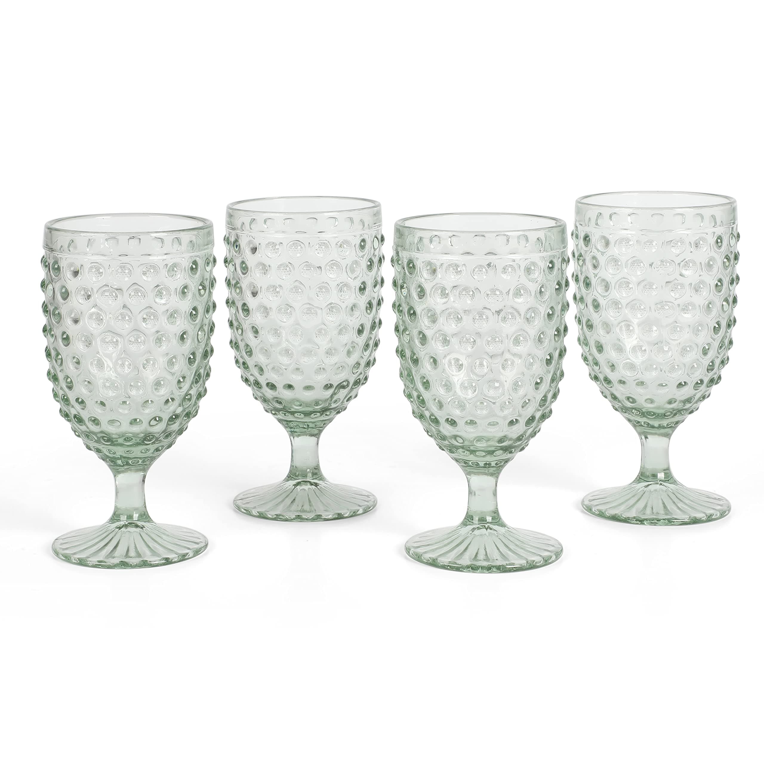 Martha Stewart Chauncey 4-Pack Hobnail Glass Goblets, 14.2 oz – Handmade Green Vintage Drinking Glasses, Textured Glassware for Water, Wine, or Entertaining
