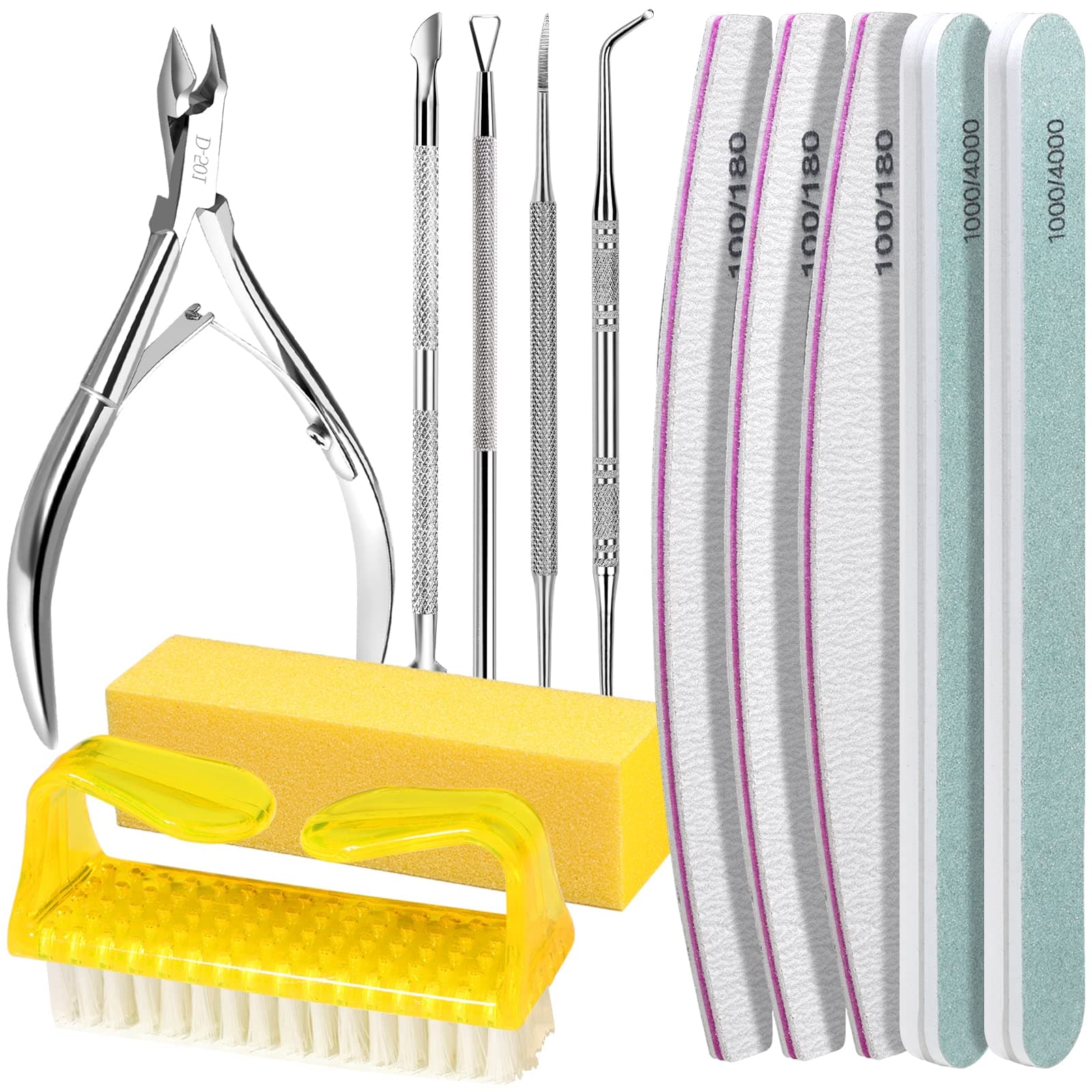 FANDAMEI Nail Files & Buffer Block Set, Nail Files 100/180, Nail Buffer Block, Nail Cuticle Nippers, Cuticle Pusher, Cuticle Peeler, Nail Lifter, Toenail File, Nail Brush for Manicure & Pedicure