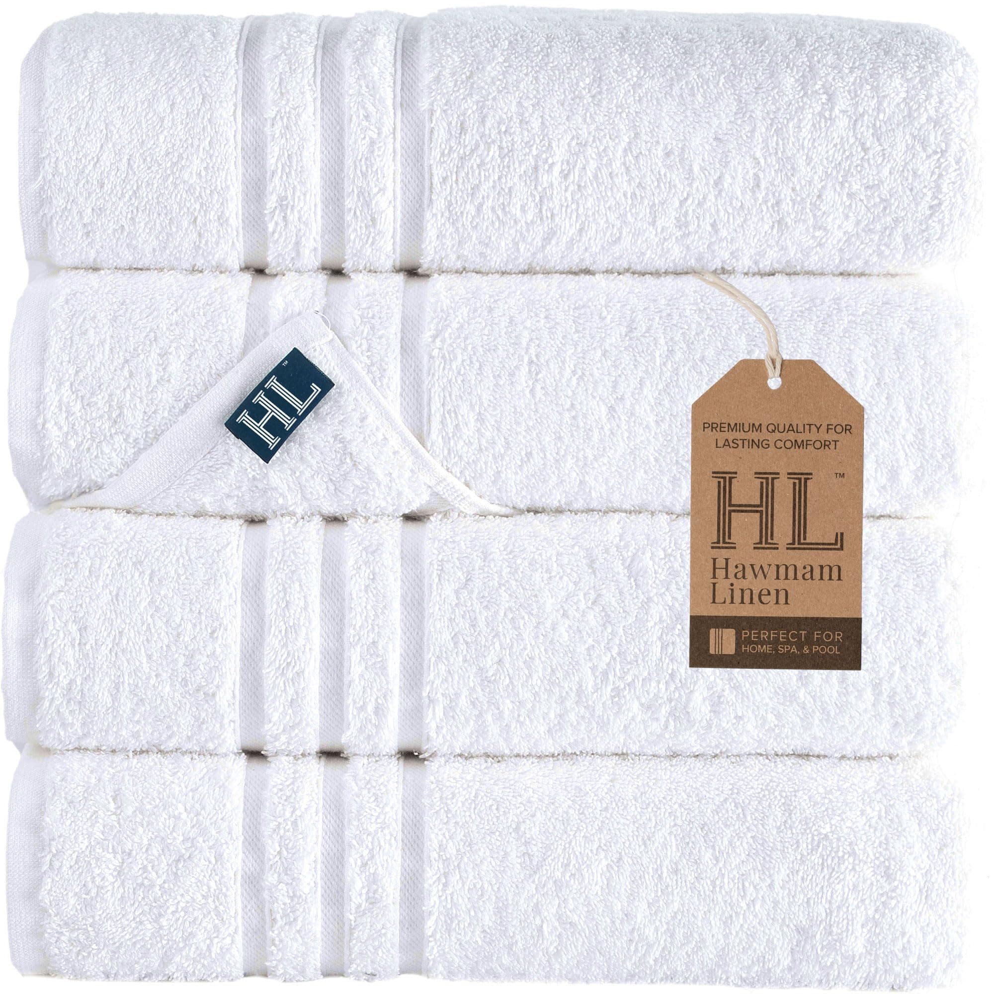 Hawmam Linen White Bath Towels 4 Pack 27 x 54 Inches 100% Turkish Cotton Soft Lightweight and Highly Absorbent Quick Drying Towels, Premium Quality Perfect for Daily Use