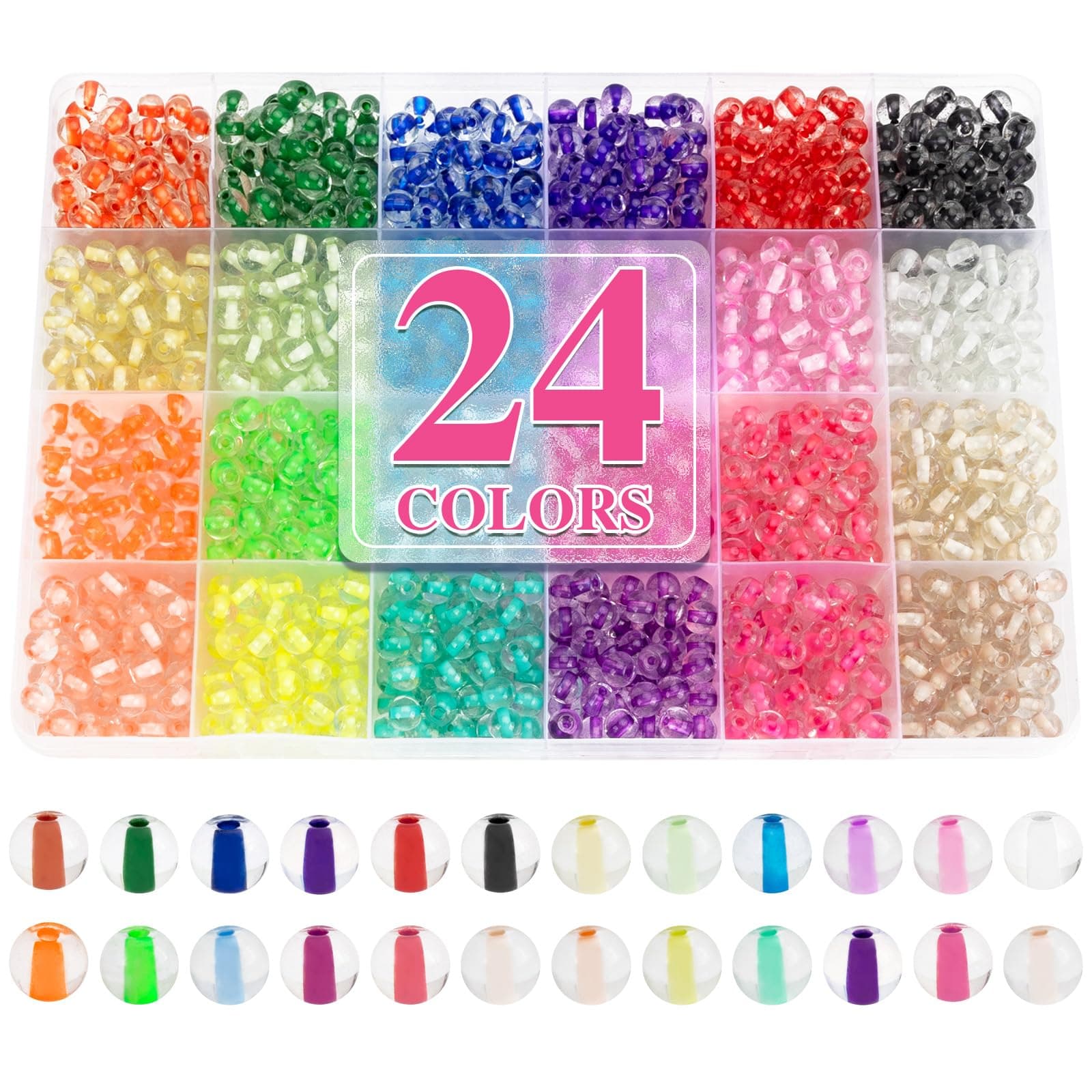 XSEINO 24 Colors 1200PCS Core Filled Glass Beads Kit 6mm DIY Craft Glass Beads, Fit for Bracelets, Jewelry Making, Necklace