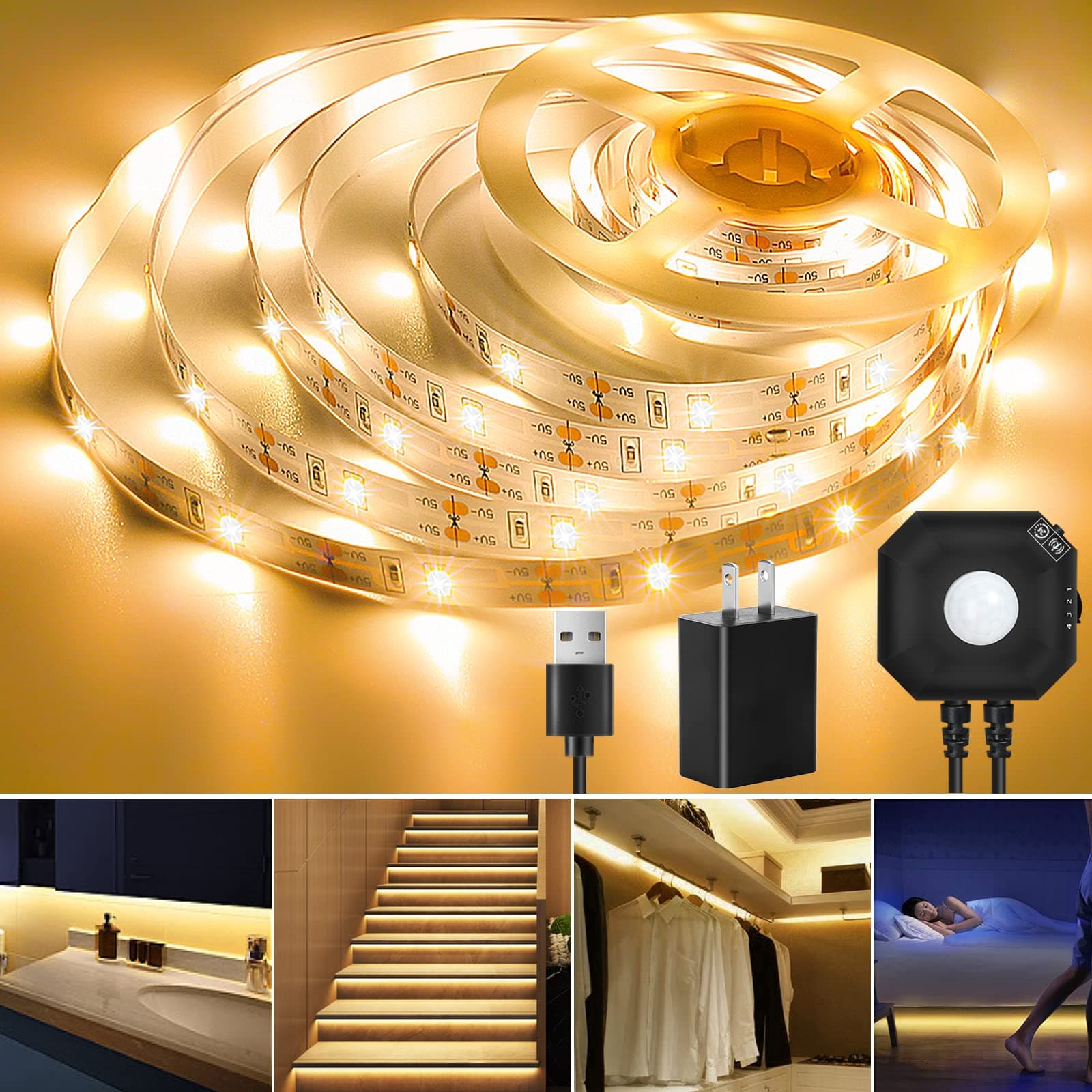 HOUHUI 9.84ft Motion Activated LED Strip Lights, Warm White, Non-Waterproof, USB Powered, with Motion Sensor and Automatic Shut-Off Timer