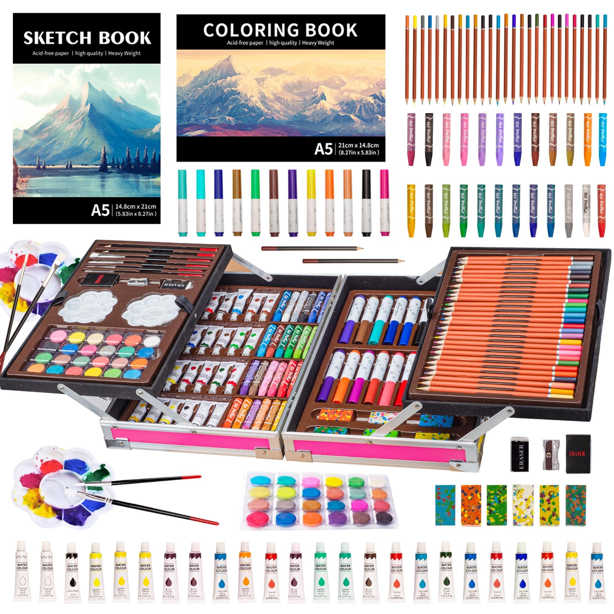 KINSPORY Art Set, 139 Pack Painting Drawing Art Supplies Kit with 2 Sketch Pads, Double Layers Art Crafts, Colored Pencils, Oil Pastels, Watercolor Paints, Aluminum Gift Case for Artists Kids (Pink)