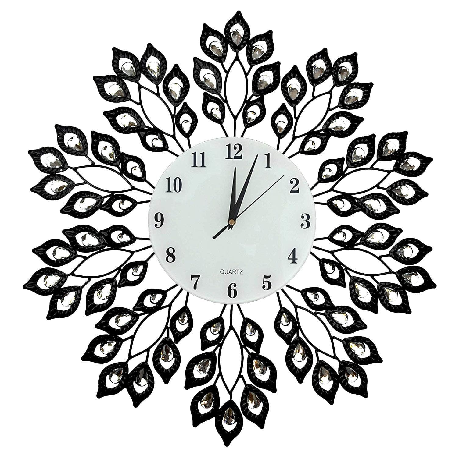 LuLu Décor, 25” Black Leaf Metal Wall Clock, 9” White Glass Dial with Arabic Numerals, Decorative Clock for Living Room, Bedroom, Office Space