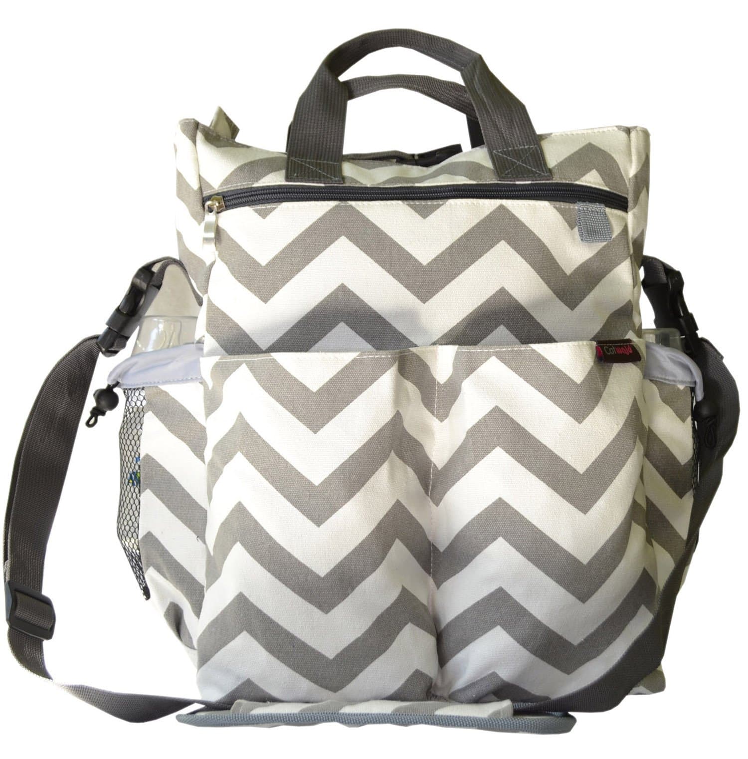Catwald Chevron and White Canvas Design Polyester Cotton Diaper Bag with Adjustable Stroller Strap and 11 Pockets