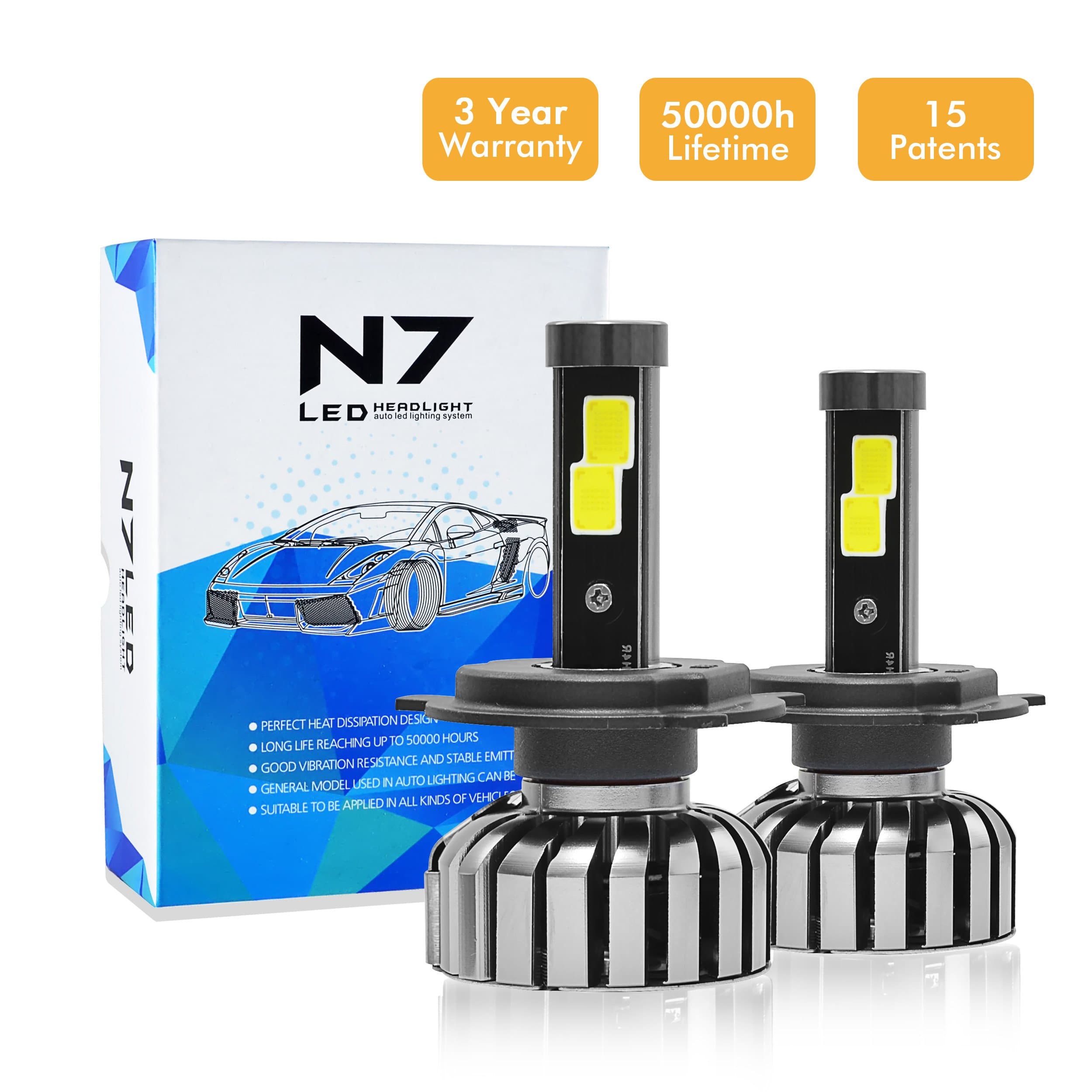 Honesteast Car LED Headlight Kit,Auto LED Headlight Bulbs LED Replacement Headlamps Set (N7,WaterProof ,2 Pcs) (N7-H4)