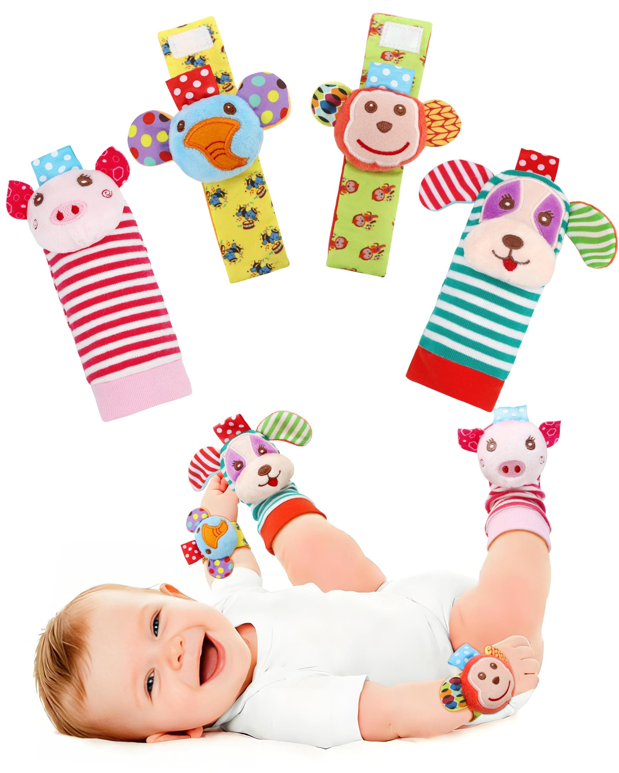 SSK Soft Baby Wrist Rattle Foot Finder Socks Set,Cotton and Plush Stuffed Infant Toys,Birthday Holiday Birth Present for Newborn Boy Girl 0/3/4/6/7/8/9/12/18 Months Kids Toddler,4 Cute Animals