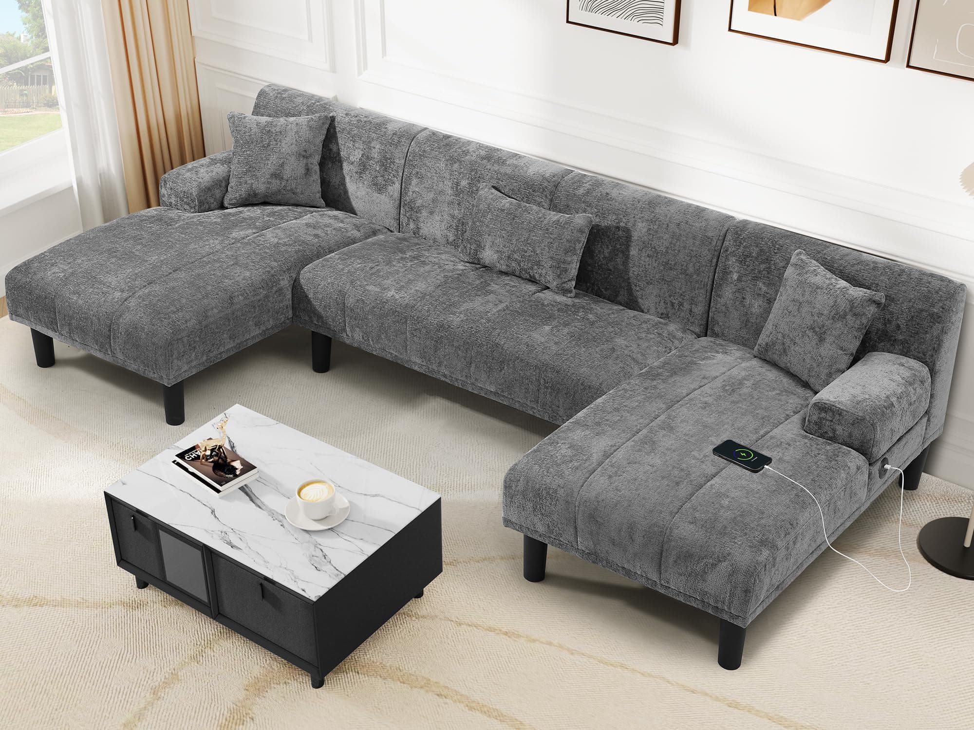 YITAHOMESectional Couches for Living Room, U Shaped Sofa Chenille Modern Couch with USB & Type C Charging Ports Double Chaise and Comfy Upholstered Sofa, Grey
