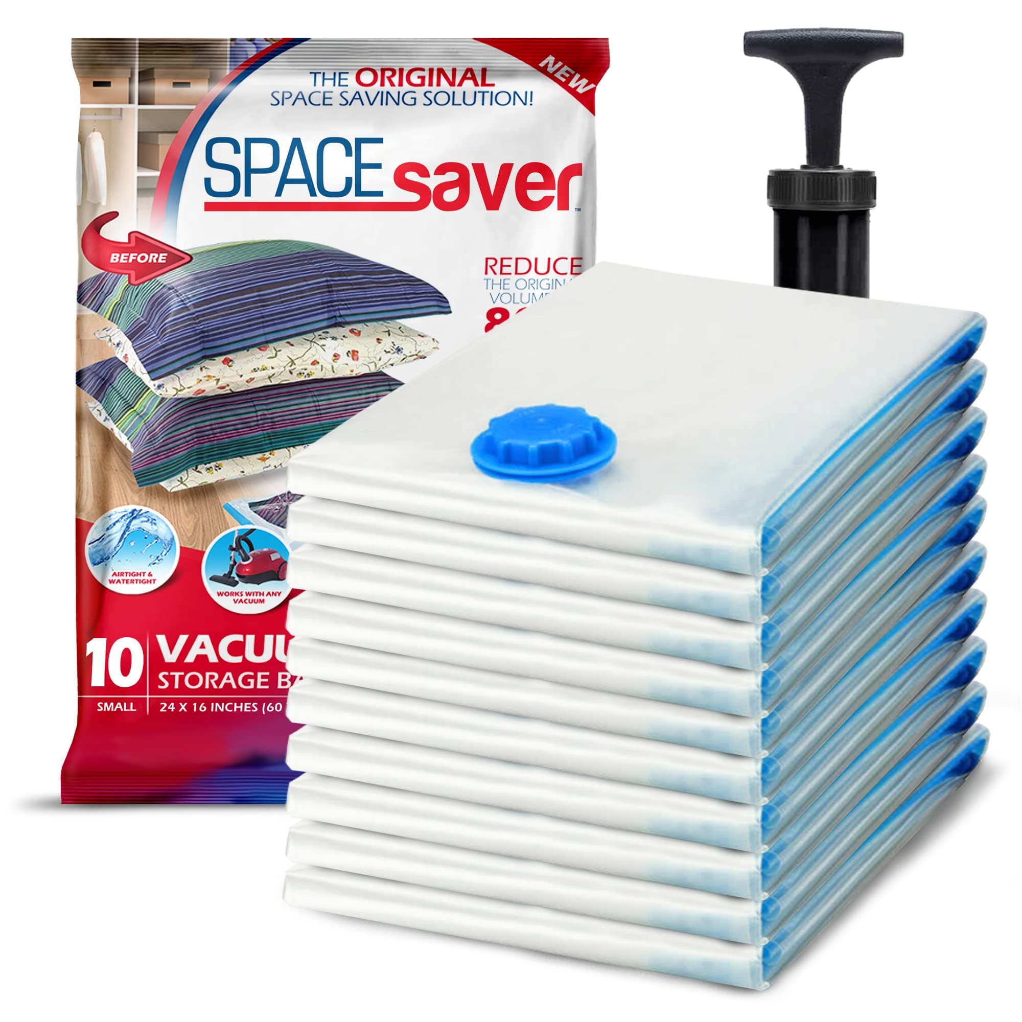 SpaceSaver Vacuum Storage Bags - Clothes Storage Bag Vacuum Pack - Space Saver Vacuum Storage Bags for Clothes Storage, Vacuum Bags for Bedding - Vacuum Bags for Clothes - with Pump (SMALL 10-Pack)