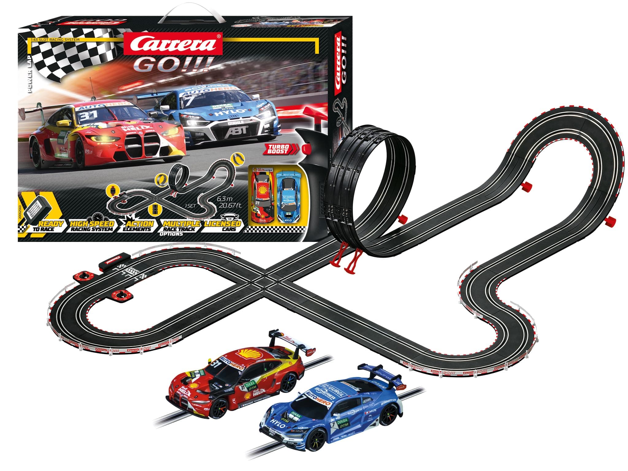 Carrera GO Electric Powered Slot Car Racing Kids Toy Race Track Set 1:43 Scale, Power Lap