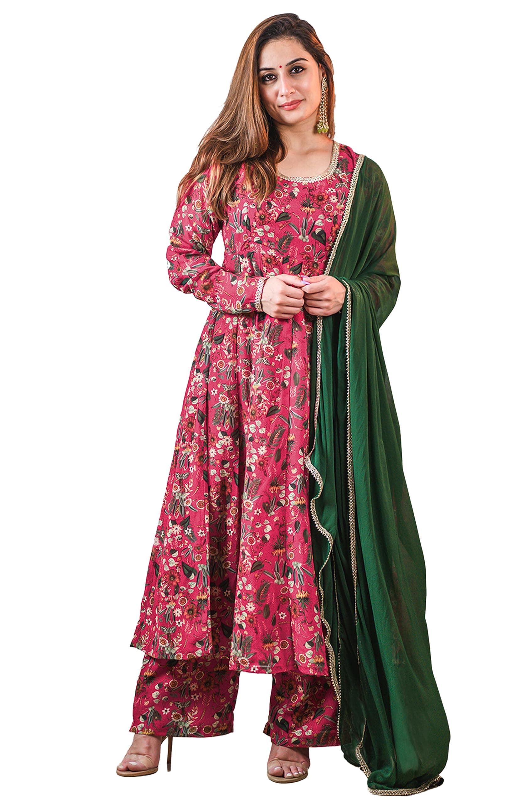 Janasya Indian Women's Flowy Floral Printed Kurta Kurti Top Tunic Festive Wedding Party wear Kurta with Pant and Dupatta