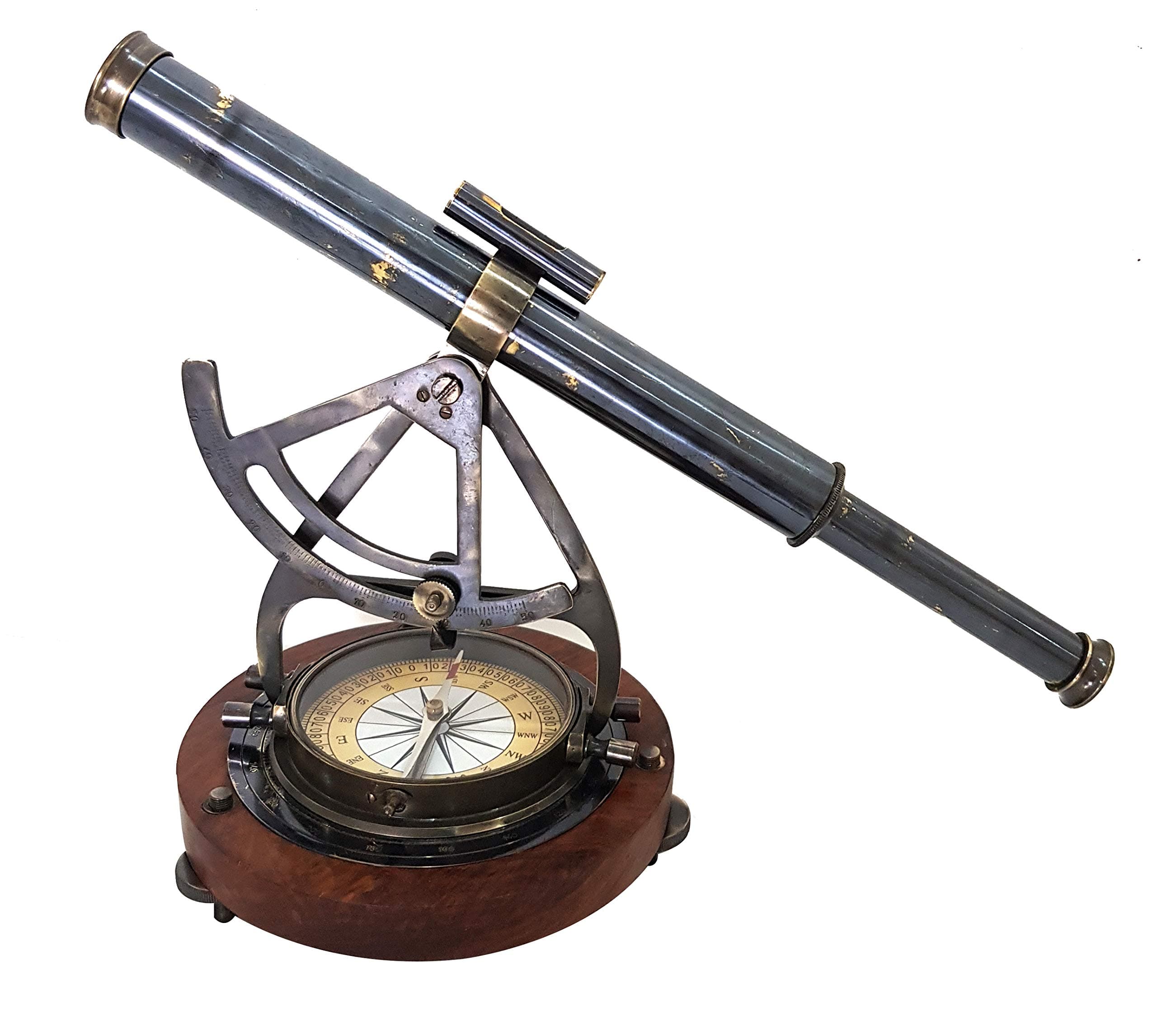 Antique Nautical Brass Alidade Compass with 14-Inch Theodolite Telescope – Vintage Surveying Instrument & Navigation Decor for Desk or Collectors