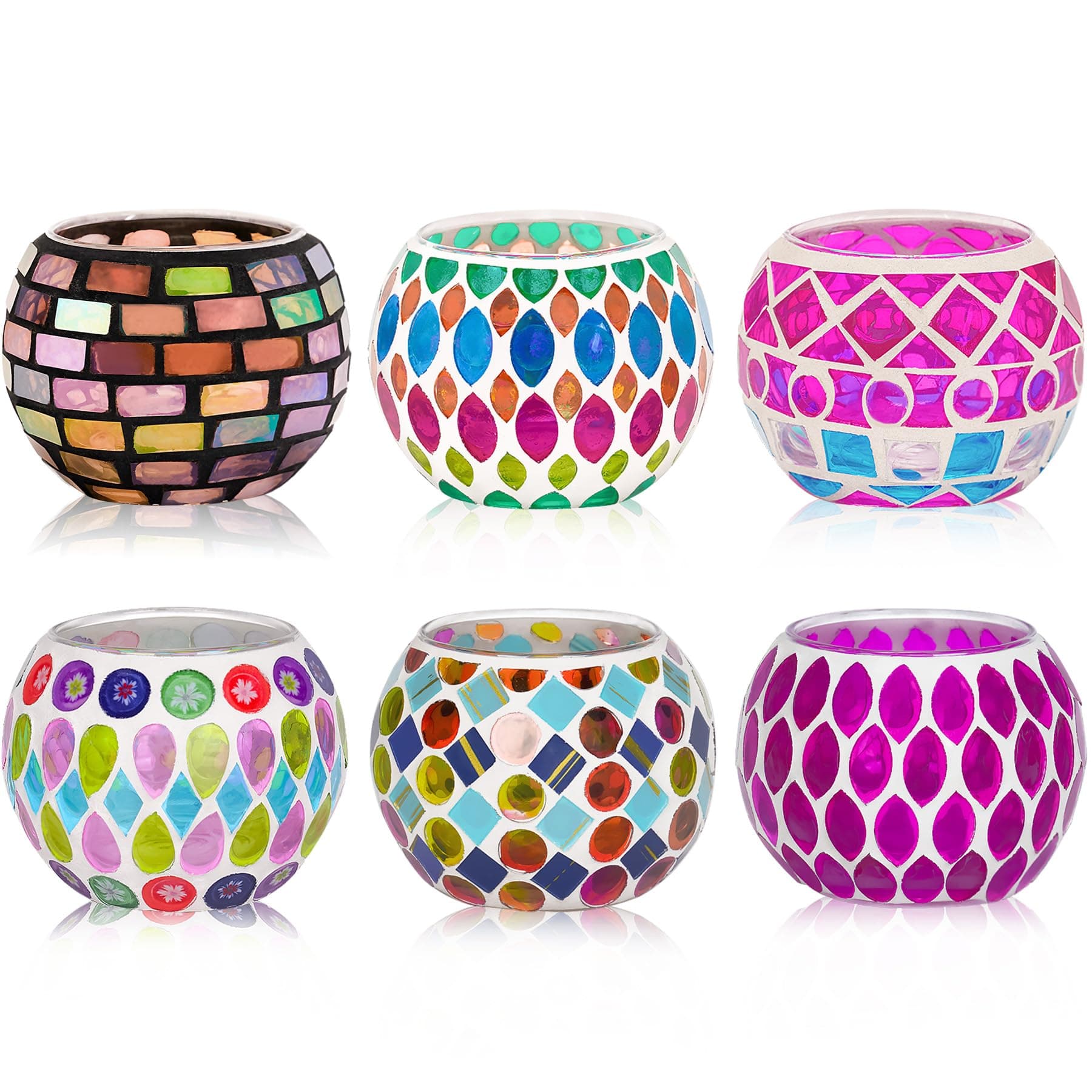 6pcs Votive Candle Holders, Mosaic Tealight Holder Stained Glass Tea Light, Colorful Handmade Candle Jars Aromatherapy Candle Lamp for Christmas, Wedding, Birthday Table Centerpiece Decor