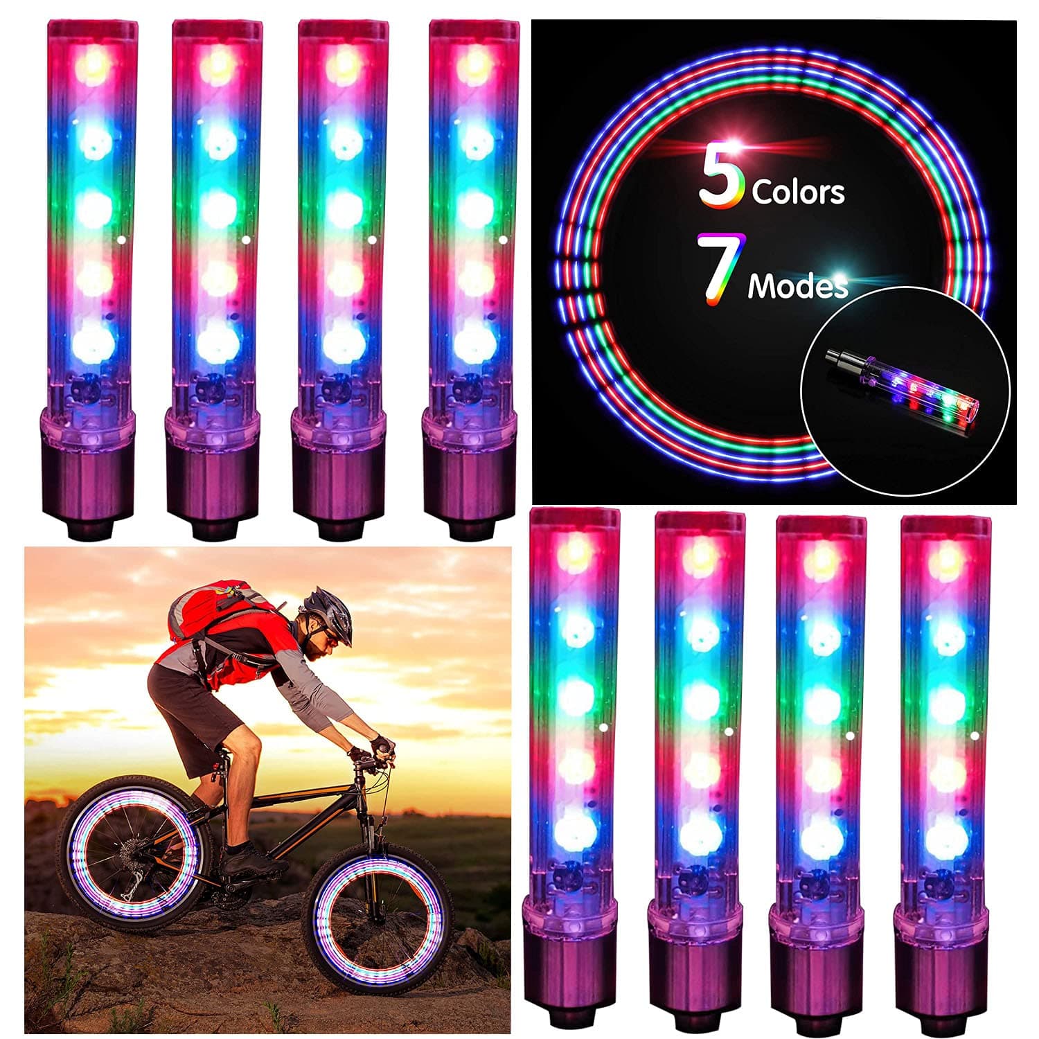 R REIFENG8 Pcs 5 LED Bike Tyre Tire Wheel Valve Lamp Flashing Bicycle Wheel Light Bike Wheel Cap Lights Bike Spokes Lights Night Cycling Safety Warning
