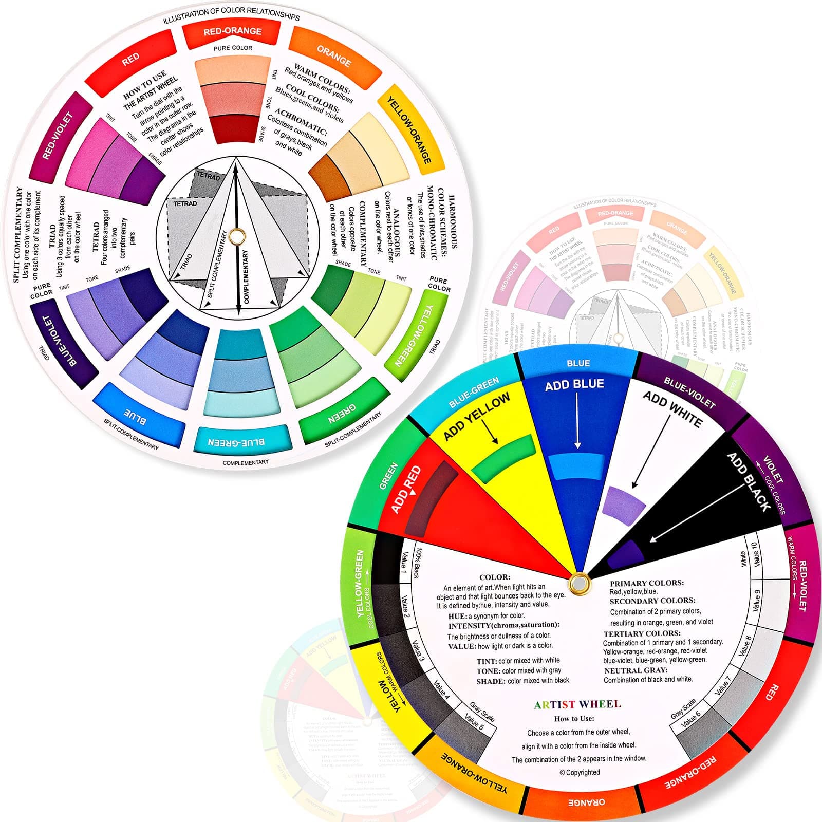 2 Pieces Color Wheel, Paint Mixing Learning Guide Art Class Teaching Tool Color Wheels for Makeup Blending Board Chart Color Mixed Guide Mix Colours (9.05 Inch/ 23 cm)