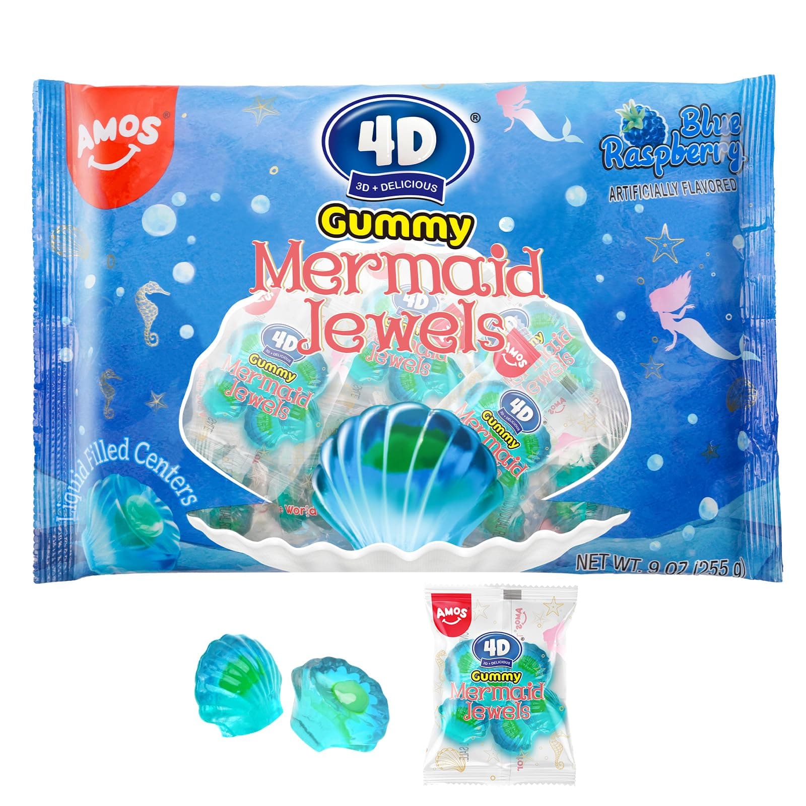 Amos 4D Mermaid Gummy Candy, Blue Raspberry Flavor, Christmas Candy 9oz Individually Share Pack Wrapped Mini Packs