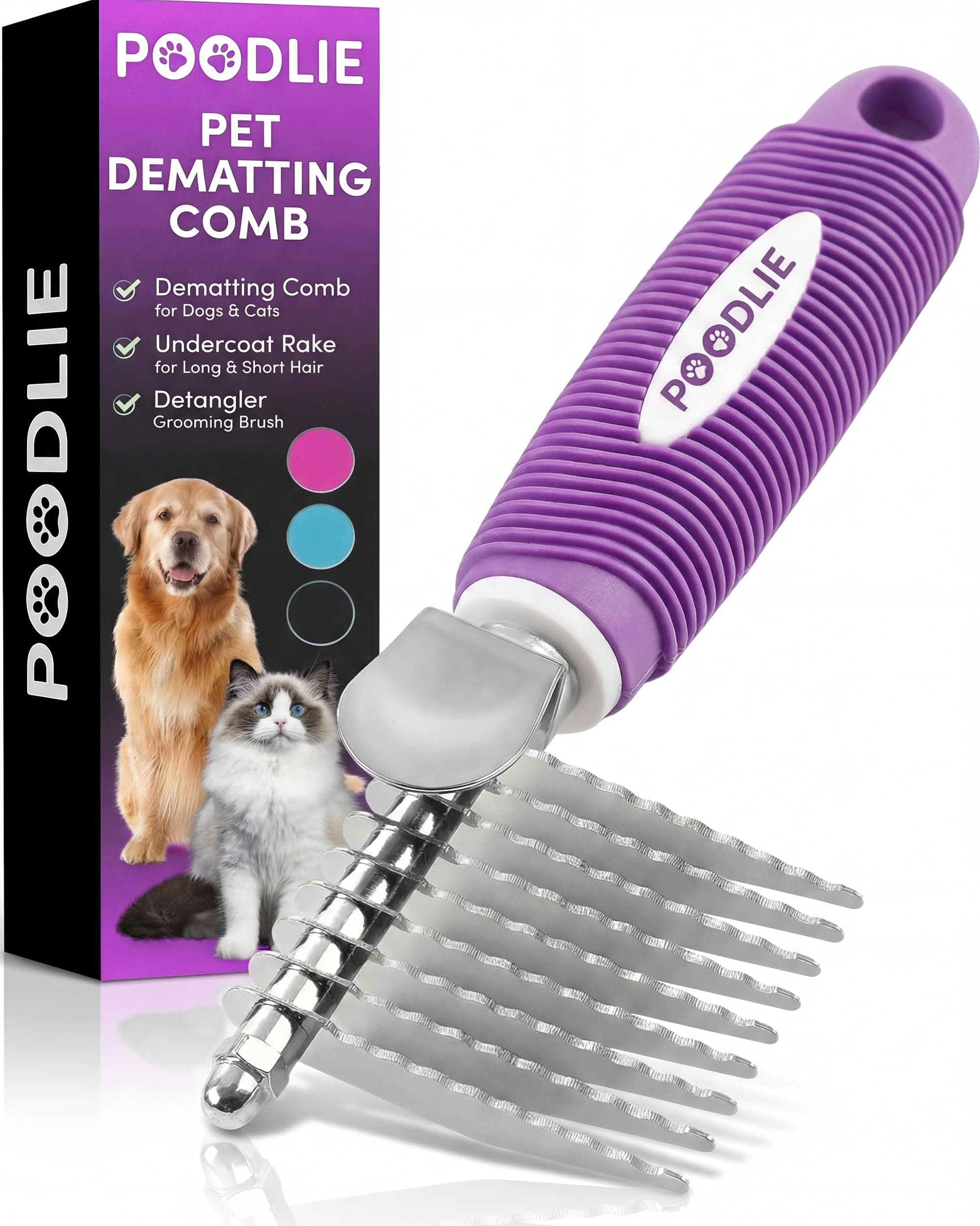 POODLIE Pet Dematting Fur Rake Comb Brush Tool Dog Rake Brush - Dog Brush for Goldendoodle & Cat Comb with Long 2.5” Steel Safety Blades Metal Dog Comb for Detangling Matted or Knotted Undercoat Hair
