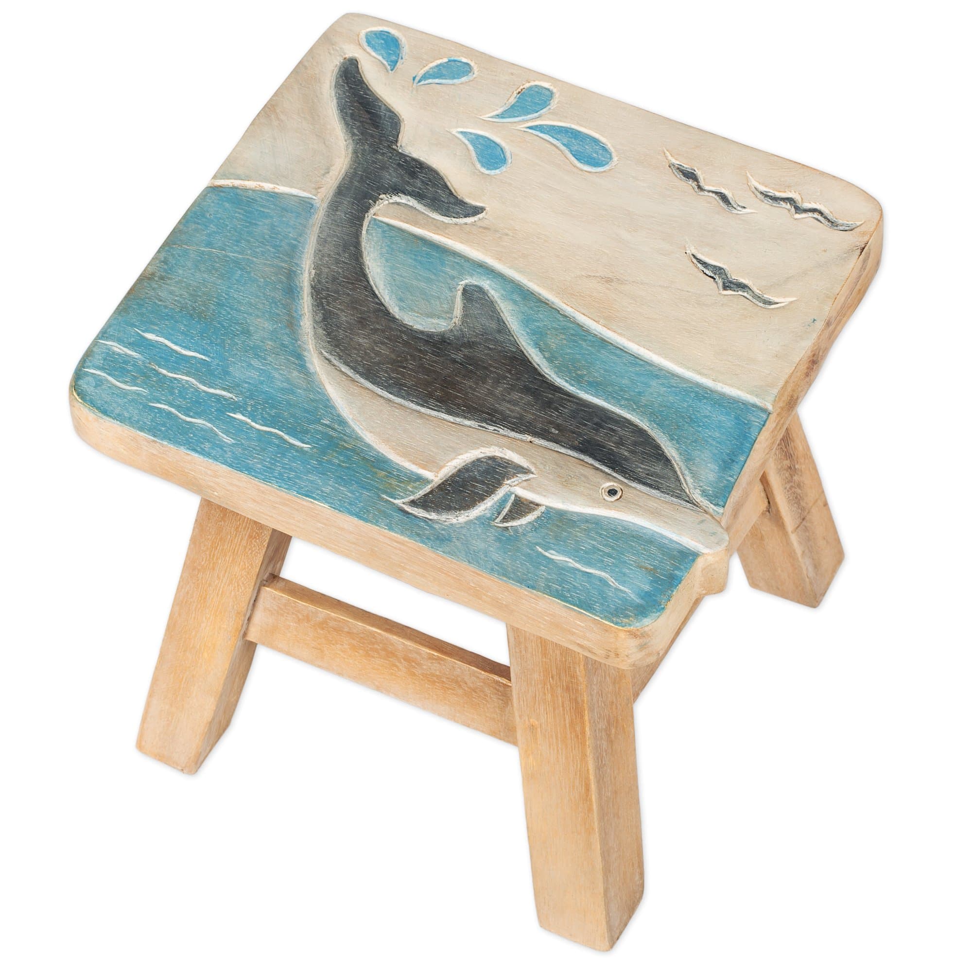 Dolphin Design Hand Carved Acacia Hardwood Decorative Short Stool