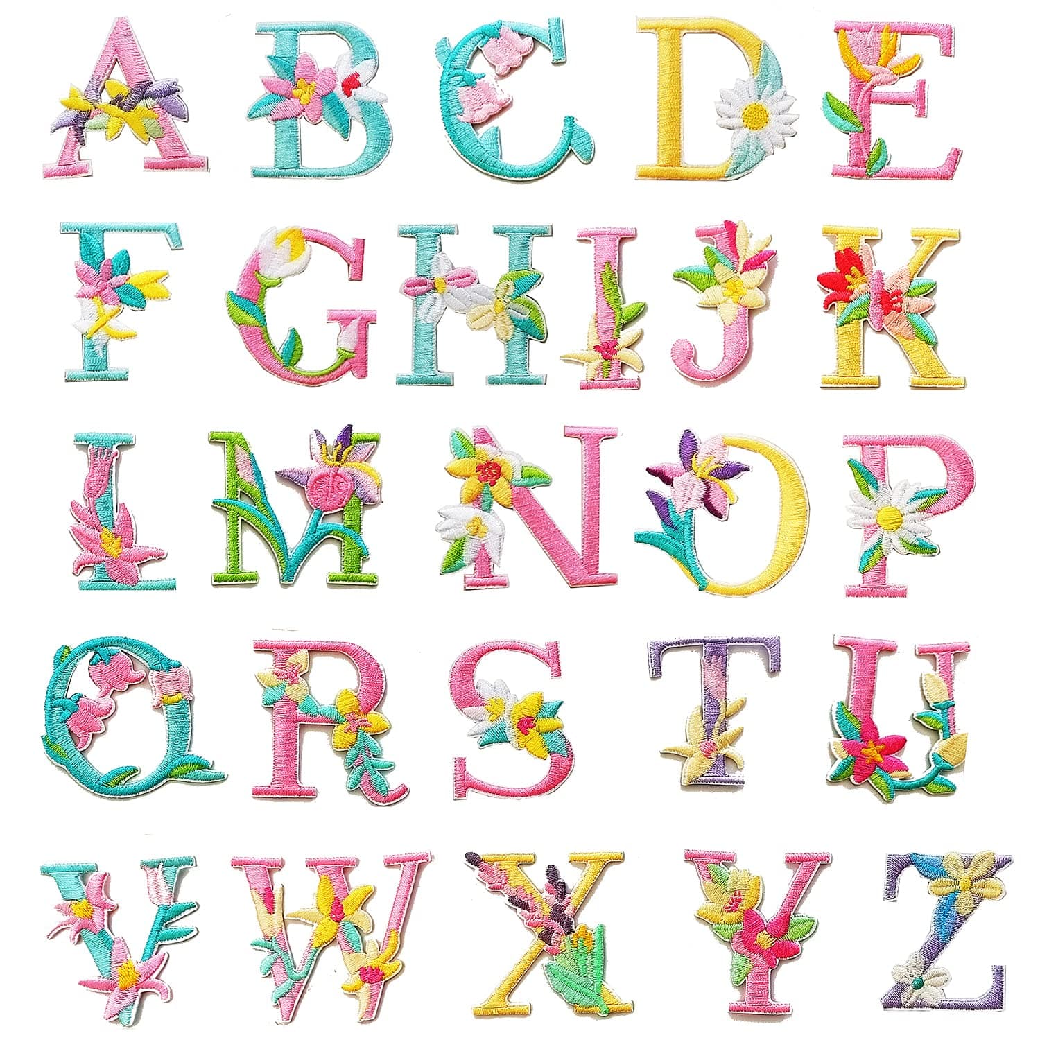Iron On Letter Patches, 2 Sets (52 Pieces) A-Z Flower Embroidery Alphabet Patches for Clothing Backpacks Hats Shirts