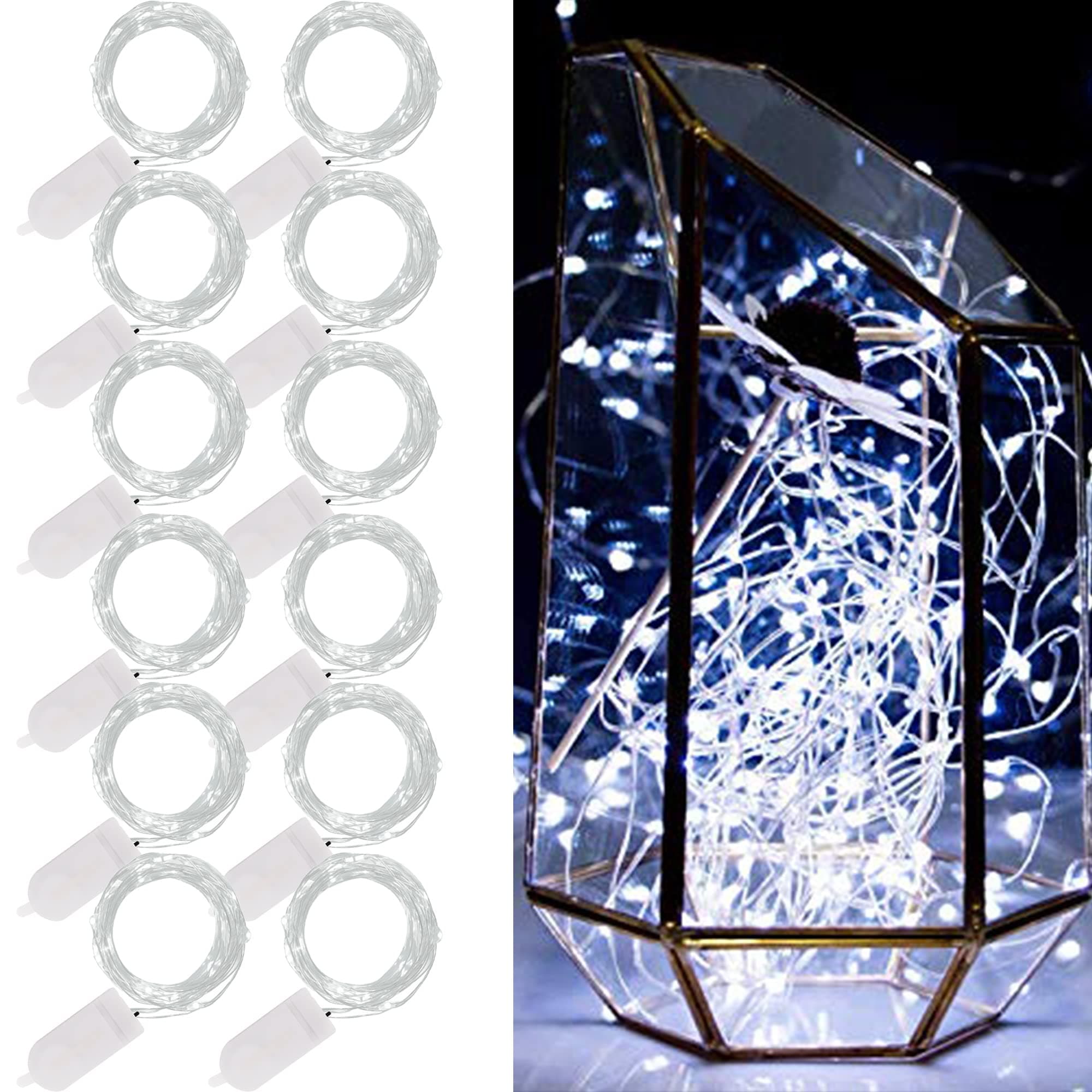 - WATERGLIDE 12 Pack Fairy Lights Battery Operated (Included), 7 ft 20 LED Mini String Lights, Waterproof Silver Wire Firefly Starry Lights for DIY Wedding Christmas Party Mason Jars Decor, Cool White