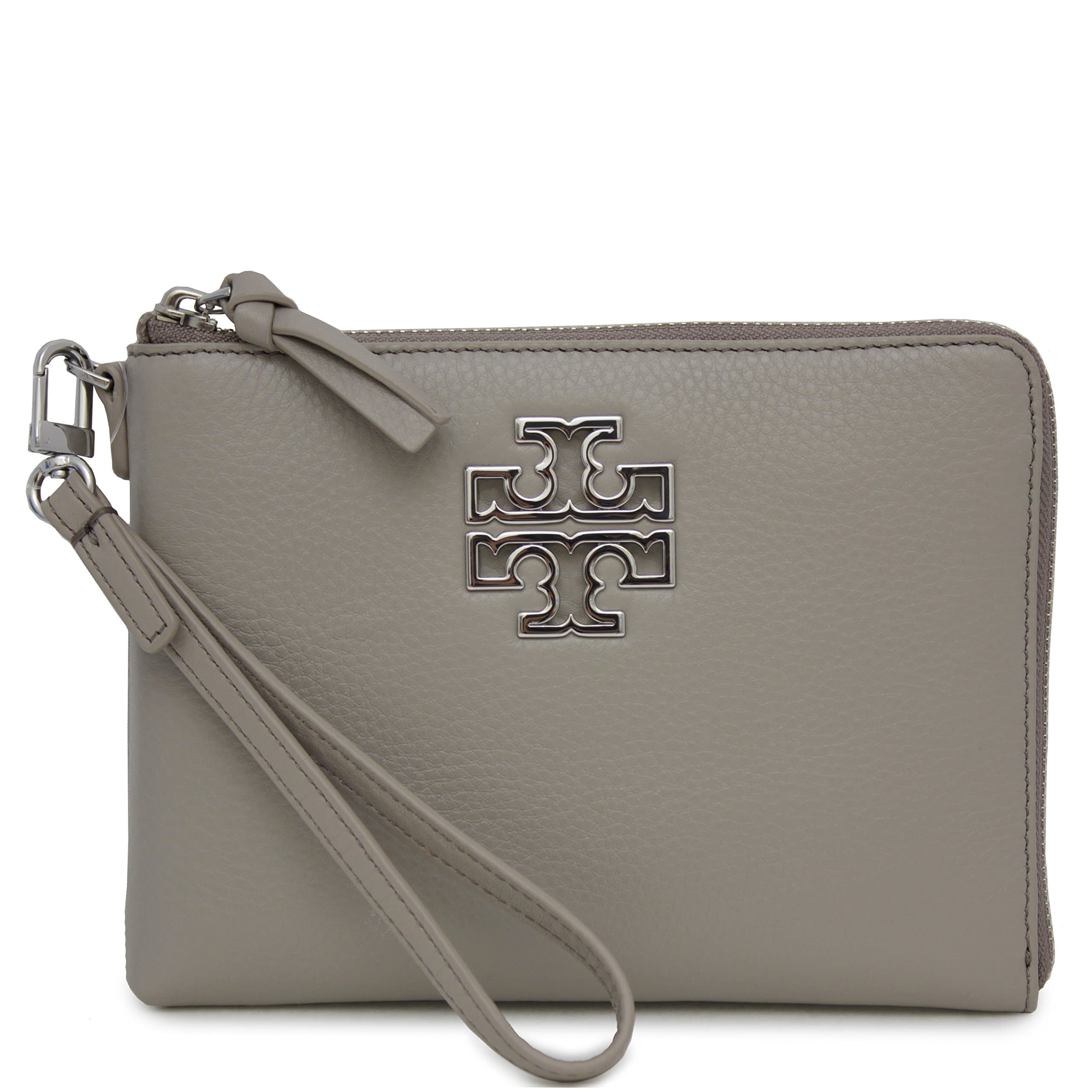 Tory Burch Britten Large Pebbled Leather Zip Pouch Wristlet (French Gray)