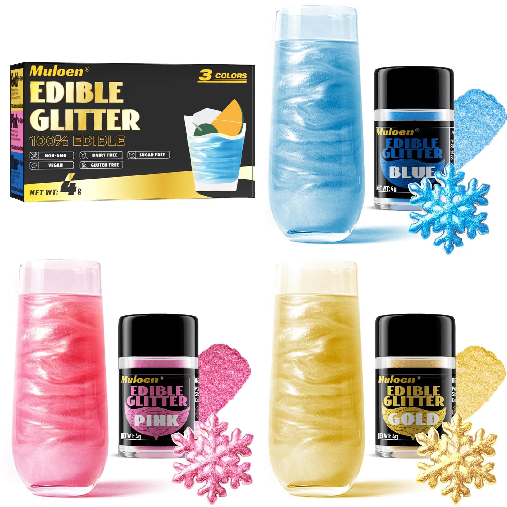 Edible Glitter, 3 Colors 100% Edible Glitter for Drinks, Cake Decorating Supplies, Cookie Decorating Supplies, Strawberries, Cookie, Cocktails, Chocolate, etc. Luster Dust Edible(4g per Bottle)