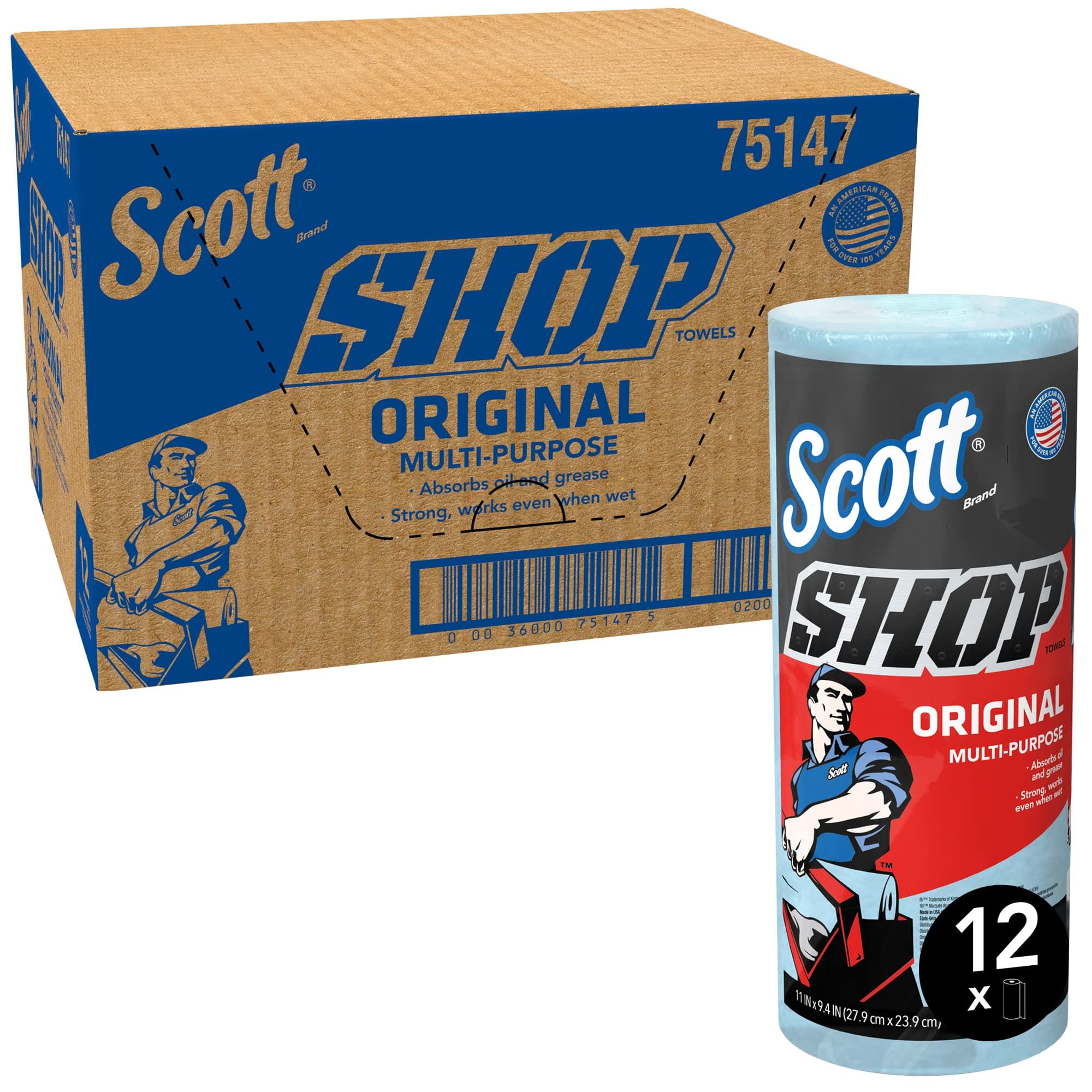 Scott Shop Towels Original, Heavy-Duty Blue Disposable Towels, Ultra-Strong, Ideal for Automotive & Industrial Cleaning, 12 Packs x 1 Roll x 55 Sheets (660 Towels Total), Model Nr. 75147