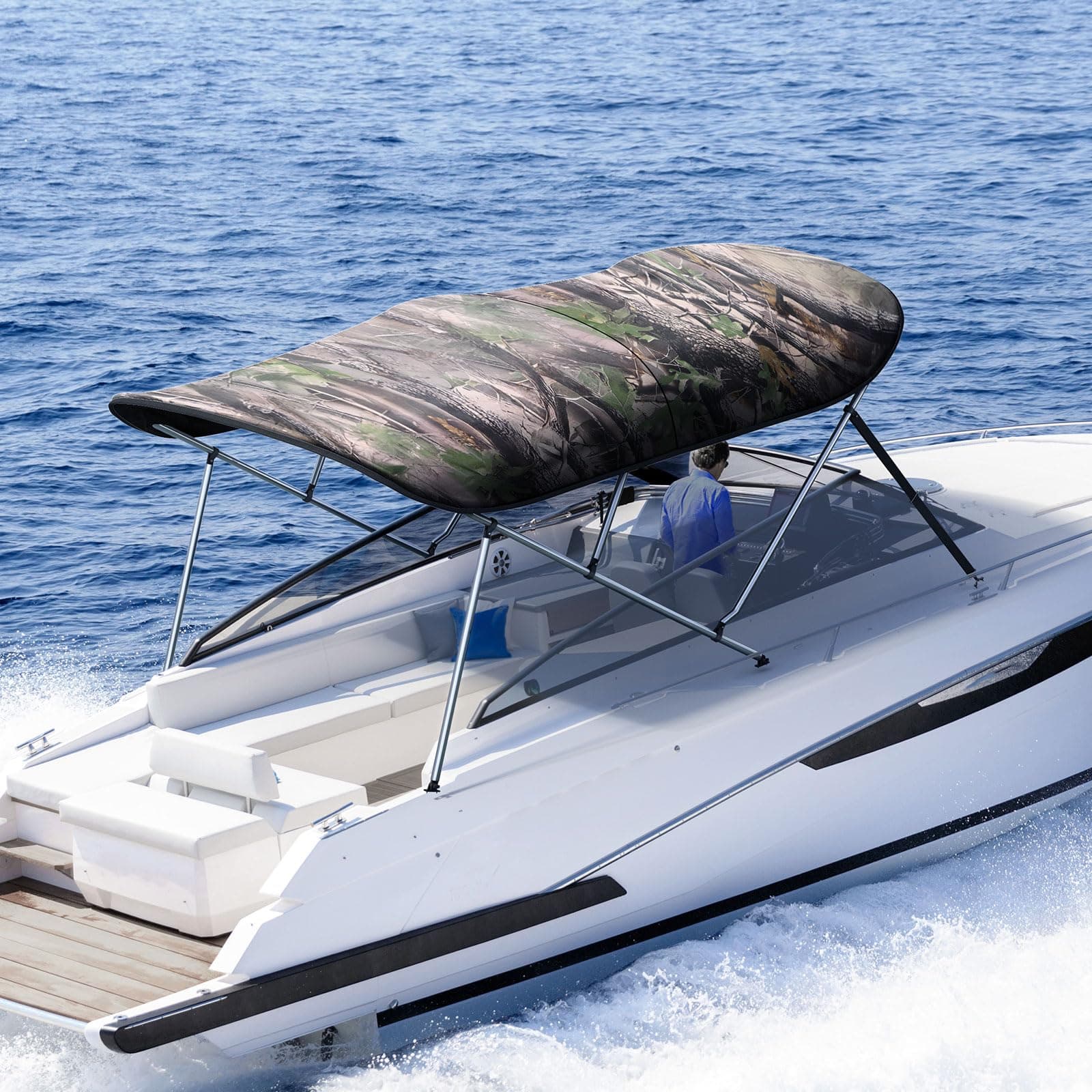 KING BIRD 3-4 Bow Bimini Boat Top Cover Sun Shade Boat Canopy Waterproof 1 Inch Stainless Aluminum Frame 46" Height with Rear Support Poles and Storage Boot 6 Colors -5 Sizes