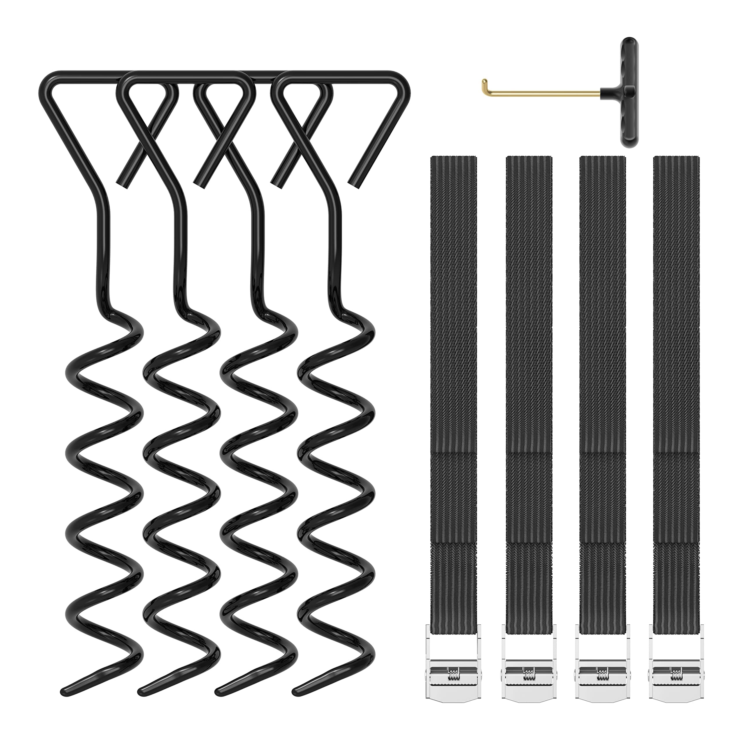 Trampoline Stakes Heavy Duty Trampoline Parts, Corkscrew Shape Steel Stakes Anchor Kit with T Hook for Trampolines -Set of 4 Bonus 4 Strong Belt (Black)